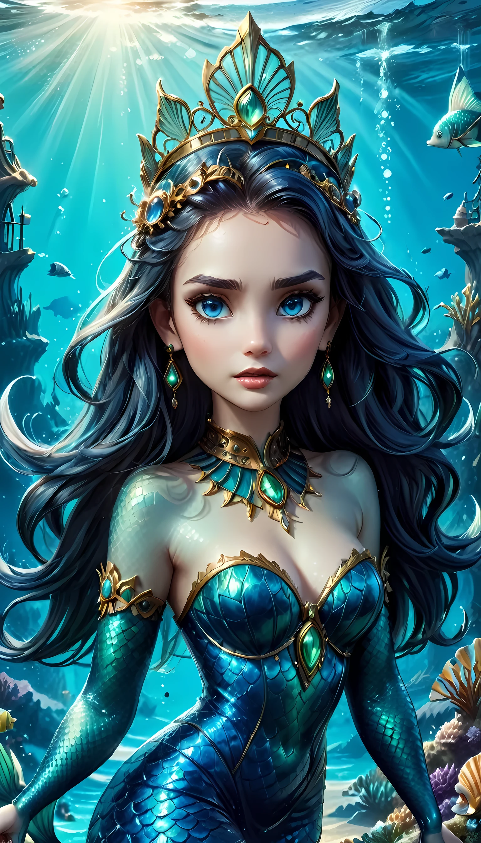 modisn disneyhigh, details, best quality, 16k, ultra detailed, masterpiece, best quality, ((art deco style: 1.5)), full body, ultra wide shot, RAW, photorealistic, fantasy art, dnd art, rpg art, realistic art, an ultra wide picture of a mermaid princess in steampunk times, under the sea (intricate details, Masterpiece, best quality: 1.4) , female mermaid, (blue: 1.3) skin, (green: 1,3) hair, long hair, swirling hair, intense eyes, small pointed ears, ((blue eyes)), ((glowing eyes)), wearing sea shell clothing, she wears a crown  studded with gems(intricate details, Masterpiece, best quality: 1.4),  beautiful mermaid, you can see rich underwater life, fish, riff, dynamic fantasy blue beach background ((magical atmosphere)), high details, best quality, highres, ultra wide angle, ggmine, Dark Novel