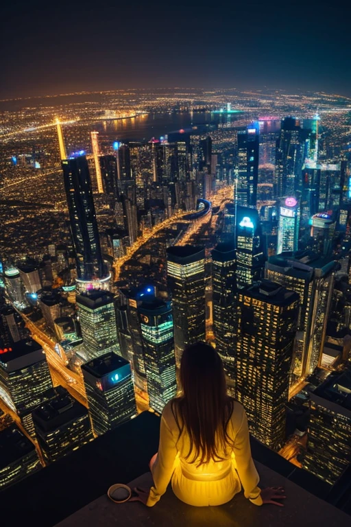 highest quality、after the rain、Sparkling golden neon future city、Watching from on high、Night view,