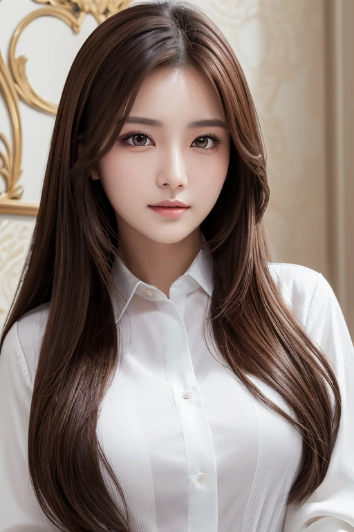 masterpiece、highest quality、figure、 Very detailed、Fine details、 High resolution、8K TV Wallpaper、Perfect dynamic composition、Beautiful at 28years old、clear、Detailed face、Fine grain、Textured skin、A faint smile,long dark brown hair, dark brown eyes、Bold sexy pose, white shirt , I'm background , café