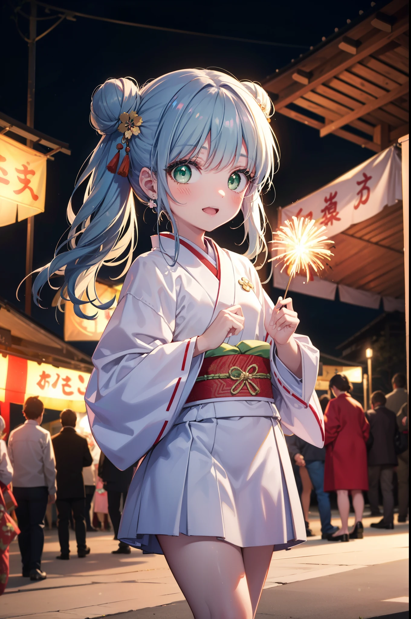 index, index, (Green Eyes:1.5), Blue Hair, Long Hair, (Flat Chest:1.2),smile,blush,Happy atmosphere,Open your mouth,Long Hair,Hair Bun, double Hair Bun,White kimono,Long sleeve,mini skirt,Sandals,night空の花火,Fireworks display,Japanese Festivals,Summer festival food stalls,Red Lantern, night,whole bodyがイラストに入るように,Looking down from above,He is holding cotton candy in his right hand,
break outdoors, shrine, break looking at viewer,whole body,(Cowboy Shot:1. 5)
break (masterpiece:1.2), highest quality, High resolution, unity 8k wallpaper, (shape:0.8), (Beautiful and beautiful eyes:1.6), Highly detailed face, Perfect lighting, Highly detailed CG, (Perfect hands, Perfect Anatomy),