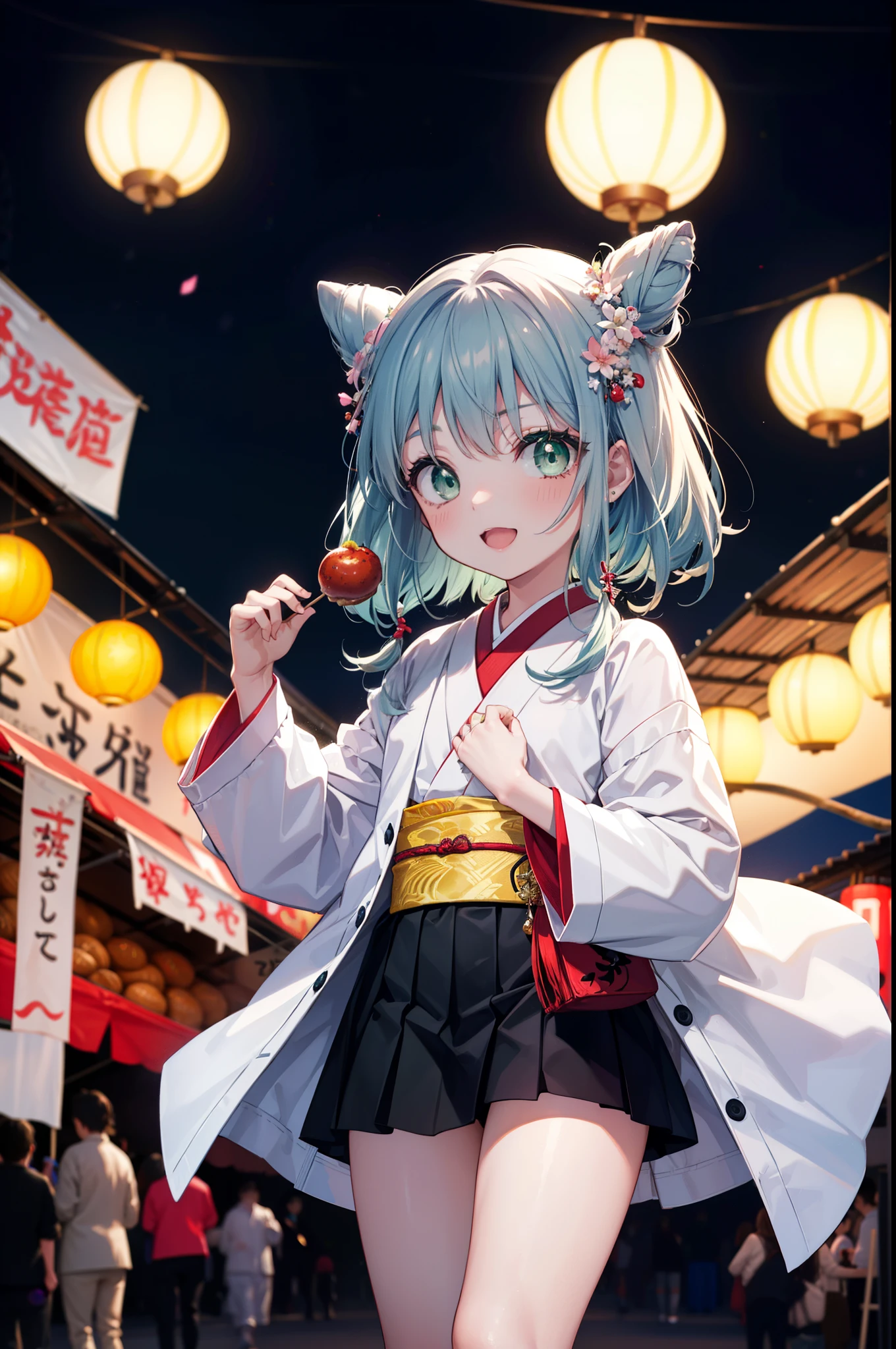 index, index, (Green Eyes:1.5), Blue Hair, Long Hair, (Flat Chest:1.2),smile,blush,Happy atmosphere,Open your mouth,Long Hair,Hair Bun, double Hair Bun,White kimono,Long sleeve,mini skirt,Sandals,night空の花火,Fireworks display,Japanese Festivals,Summer festival food stalls,Red Lantern, night,whole bodyがイラストに入るように,Looking down from above,He is holding cotton candy in his right hand,
break outdoors, shrine, break looking at viewer,whole body,(Cowboy Shot:1. 5)
break (masterpiece:1.2), highest quality, High resolution, unity 8k wallpaper, (shape:0.8), (Beautiful and beautiful eyes:1.6), Highly detailed face, Perfect lighting, Highly detailed CG, (Perfect hands, Perfect Anatomy),
