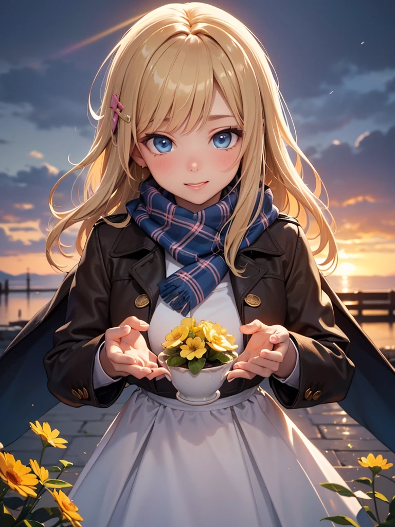(masterpiece),(top-quality:1.2),1girl in,(masuter piece:1.3),exquisitedetails, Highest quality 8K resolution, Ultra-detailed, Realistic, Vibrant colors, Soft tones, With warm and gentle lighting,(Beautiful plaid scarf:1.3),(Preet Pink Ruffled Ribbon Dress,) (Brown long coat:1.2) early evening,Big sunset,(Smooth straight blonde hair:1.2),(Hair parted in the middle:1.3),(Glowing hair),(Dark blue eyes:1.3),White skin, hair clips,Overflowing soft and gentle feelings,(The promenade is full of flowers),The sun's rays illuminate joy and pure love, Warm golden glow,The atmosphere is full of happiness and laughter, As if celebrating love,Sticking to ultra-detailed depictions and vivid colors. In a style that blends romanticism and realism、You can feel the depth of love,color palettes,Create an ethereal atmosphere like a dream,and the lighting is soft and diffused, Shine a gentle light on your face,The artwork is a masterpiece,