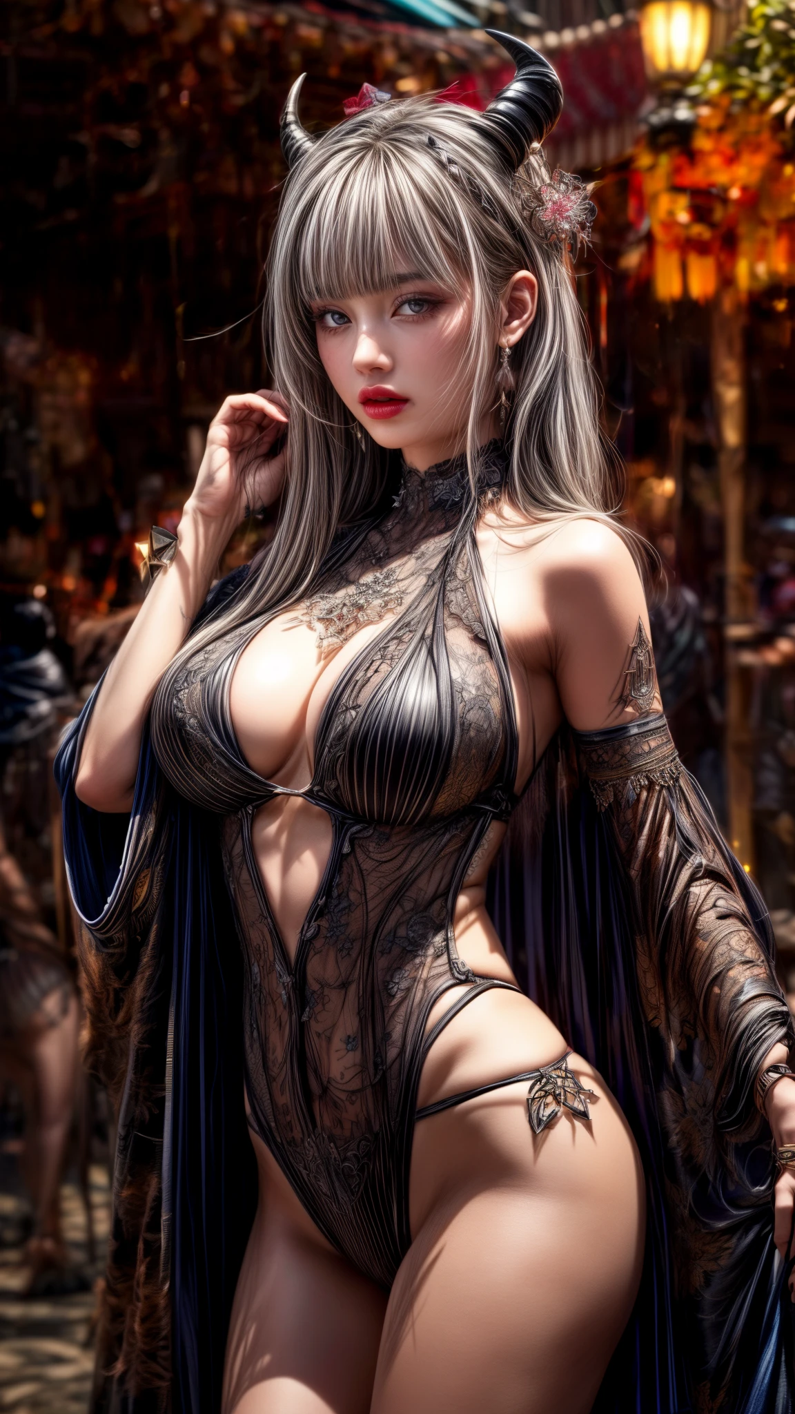 ((怪しく光るmagic陣:1.1))、Boneyard、Goat devil horns from head、((Brown skin))、Pointed Ears、Beautiful dark-skinned girl standing on a mountain of skulls, ((The Great Devil))、Wearing a tattered, thin robe、Black Mist,A woman with many large black wings, magic, Fantasy, Dynamic posture, It is made up of colorful lights, Delicate face, Delicate eyes, ((Light gray hair)),Black Lip、 Very delicate and detailed swimsuit design、disaster々Black micro bikini swimsuit with cute embellishments,((Centerpiece decoration))、Clothes with holes、Delicate and intricate patterns, Shining white, A magnificent composition, Soft Shadows, Clean and sharp focus, Cinematography, Center Configuration, Poster Design, Film Photography, Panorama、Very beautiful woman、Slender women、(Detailed face)、Realistic skin、((Delicate photo)),(Girl Masterpiece RAW Photo Details:1.25), (highest quality:1.6), (Ultra-high resolution:1.5), (Realistic:1.75), 8K resolution, Canon EOS R5, 50mm, Absurd, Ultra-detailed,Cinema Lighting、(nsfw:1.1)