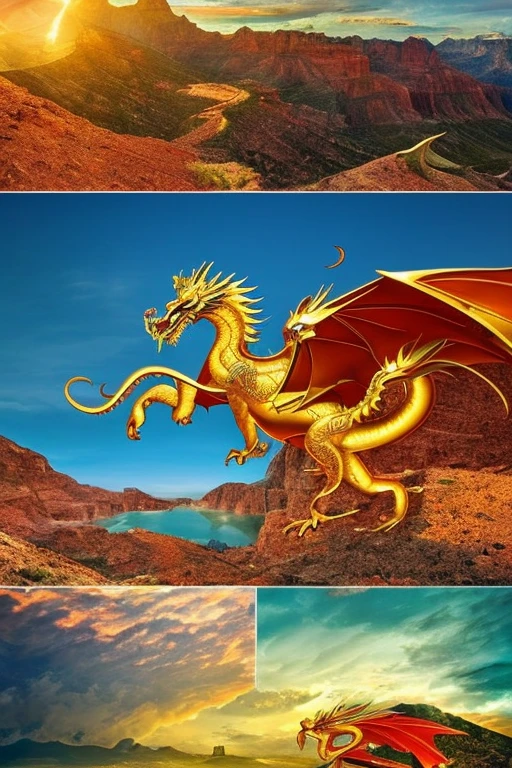 So sublime and divine々A beautiful golden dragon floats in the center of the screen, glaring at the camera.。金色のThe dragon is幸せをもたらす神なのでとても有難い存在である。The surrounding area is a canyon where no one can get close, and lightning is flashing in the background.、The sun is shining brightly。The dragon is、I want a realistic image。