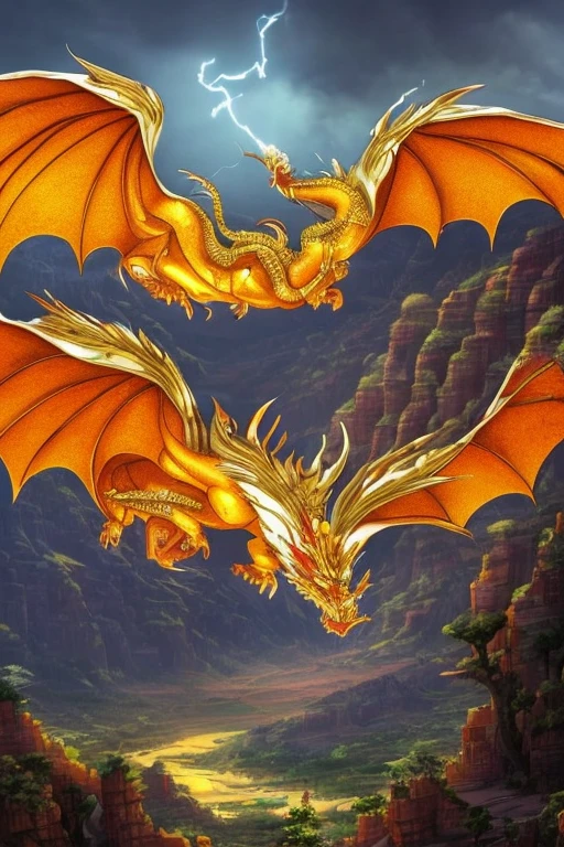 So sublime and divine々A beautiful golden dragon floats in the center of the screen, glaring at the camera.。金色のThe dragon is幸せをもたらす神なのでとても有難い存在である。The surrounding area is a canyon where no one can get close, and lightning is flashing in the background.、The sun is shining brightly。The dragon is、I want a realistic image。