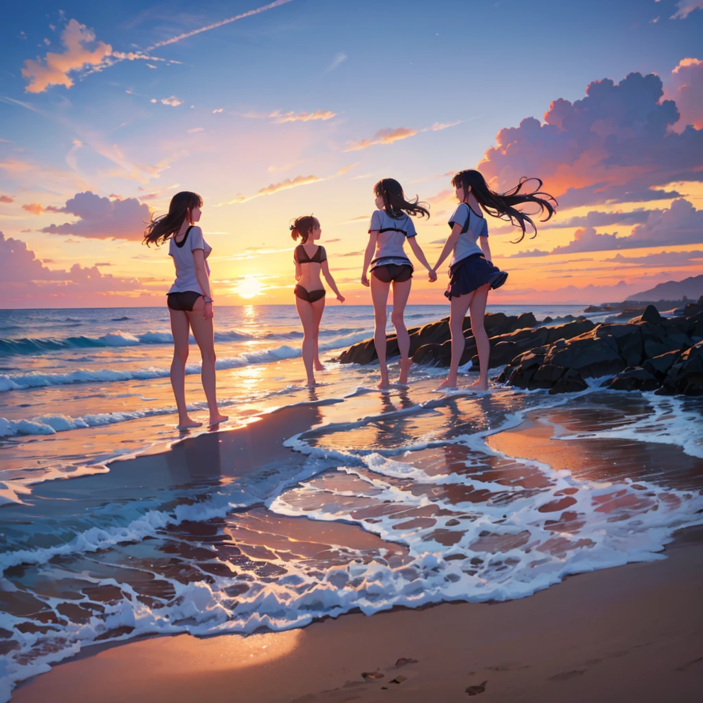 group photo of cute girls,sunset beach,