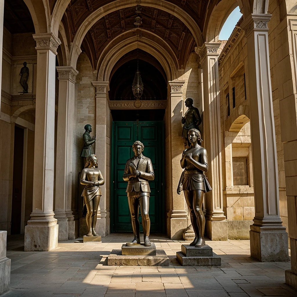 an old, beautiful building, with statues, paintings and people contemplating the place