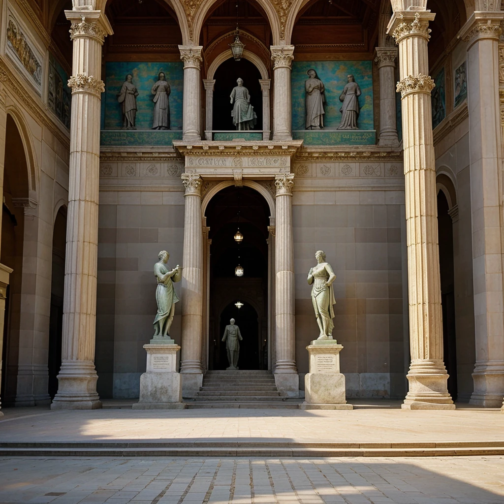 an old, beautiful building, with statues, paintings and people contemplating the place