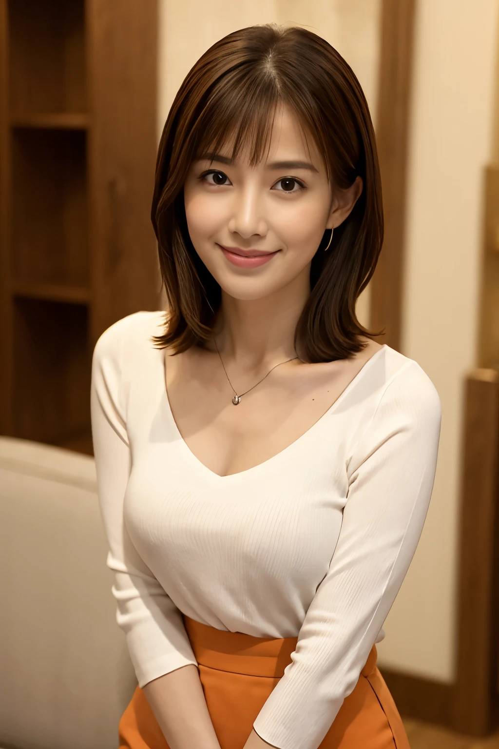 Realistic, Tabletop, highest quality, RAW Photos, Face Focus, elegant, (One Woman), 28 years old, (A white V-neck knit with a loose fit around the neck), (Leaning forward), (Orange tight skirt), (Brown Hair), (bangs), (Straight hair), (short hair), (Looking up at the camera), Beautiful Face, (A fearless smile), (Shapely bust),Cleavage, Perfect Anatomy, Perfect balance, Detailed human body