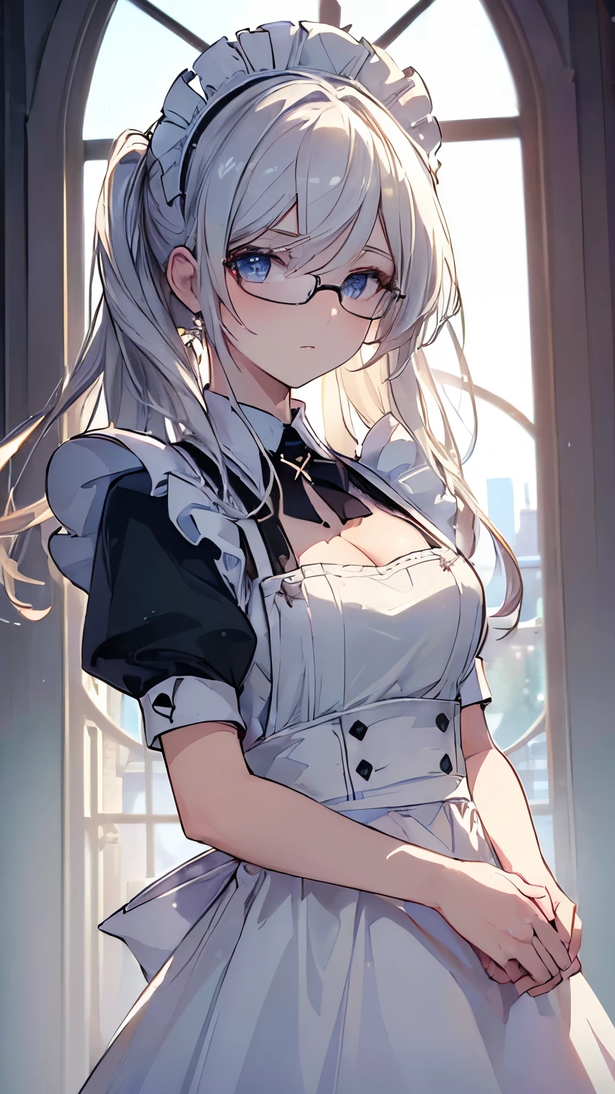 (((highest quality, 8k, masterpiece: 1.3)), (detailed), Perfect Face,, mullet, rimless eyewear, Art Deco, backlighting, UHD, textured skin, best quality, 8k, accurate, White brim, British style maid, maid costume