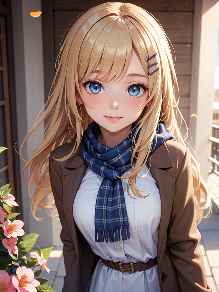 (masterpiece),(top-quality:1.2),1girl in,(masuter piece:1.3),exquisitedetails, Highest quality 8K resolution, Ultra-detailed, Realistic, Vibrant colors, Soft tones, With warm and gentle lighting,(Beautiful plaid scarf:1.3),(Preet Pink Ruffled Ribbon Dress,) (Brown long coat:1.2) early evening,Big sunset,(Smooth straight blonde hair:1.2),(Hair parted in the middle:1.3),(Glowing hair),(Dark blue eyes:1.3),White skin, hair clips,Overflowing soft and gentle feelings,(The promenade is full of flowers),The sun's rays illuminate joy and pure love, Warm golden glow,The atmosphere is full of happiness and laughter, As if celebrating love,Sticking to ultra-detailed depictions and vivid colors. In a style that blends romanticism and realism、You can feel the depth of love,color palettes,Create an ethereal atmosphere like a dream,and the lighting is soft and diffused, Shine a gentle light on your face,The artwork is a masterpiece,