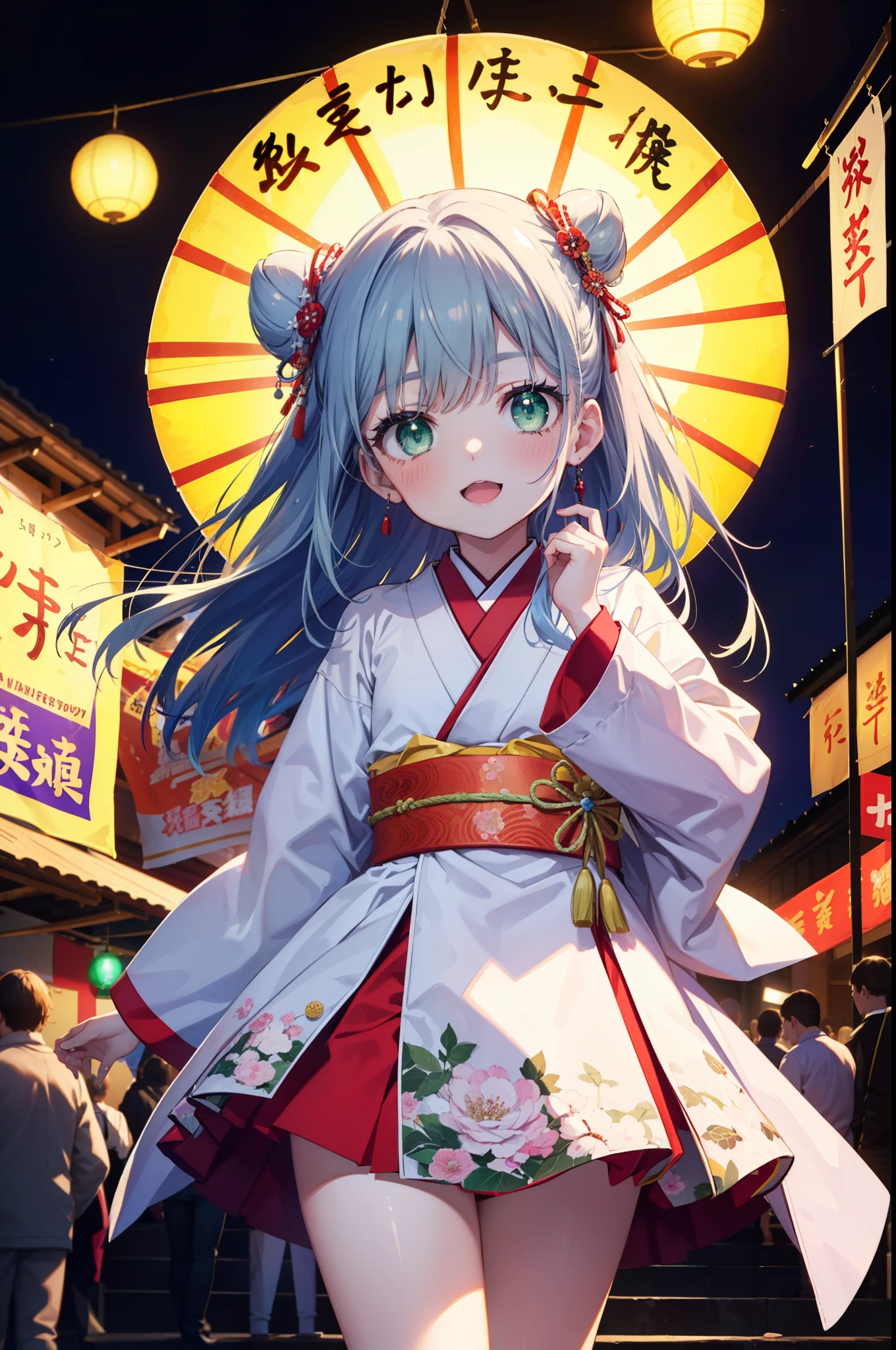 index, index, (Green Eyes:1.5), Blue Hair, Long Hair, (Flat Chest:1.2),smile,blush,Happy atmosphere,Open your mouth,Long Hair,Hair Bun, double Hair Bun,White kimono,Long sleeve,mini skirt,Sandals,night空の花火,Fireworks display,Japanese Festivals,Summer festival food stalls,Red Lantern, night,whole bodyがイラストに入るように,Looking down from above,He is holding cotton candy in his right hand,
break outdoors, shrine, break looking at viewer,whole body,(Cowboy Shot:1. 5)
break (masterpiece:1.2), highest quality, High resolution, unity 8k wallpaper, (shape:0.8), (Beautiful and beautiful eyes:1.6), Highly detailed face, Perfect lighting, Highly detailed CG, (Perfect hands, Perfect Anatomy),