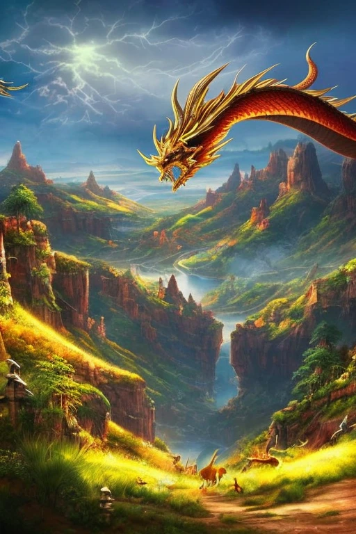 So sublime and divine々A beautiful golden dragon floats in the center of the screen, glaring at the camera.。金色のThe dragon is幸せをもたらす神なのでとても有難い存在である。The surrounding area is a canyon where no one can get close, and lightning is flashing in the background.、The sun is shining brightly。The dragon is、I want a realistic image。