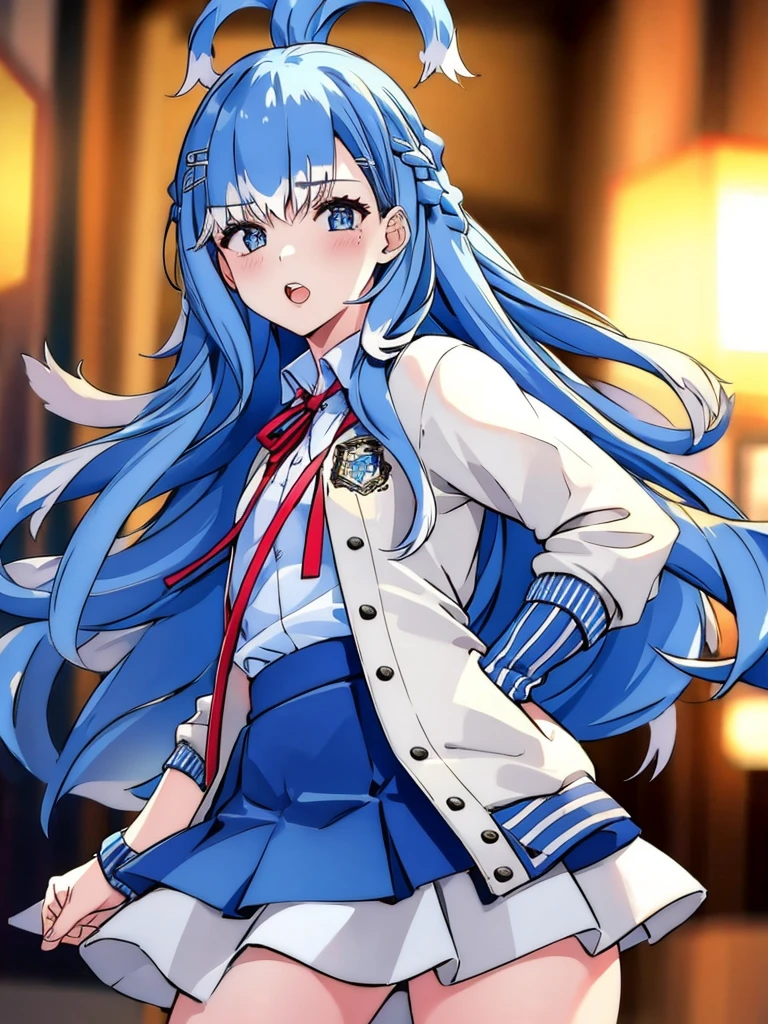 1girl, detailed face, long blue hair, white shirt, varsity jacket, skirt, hips up, raw photo, best quality, 4k, 8k, highres, masterpiece:1.2, ultra-detailed, realistic, photorealistic, photo-realistic:1.37, HDR, UHD, studio lighting, vivid colors, bokeh, portraits