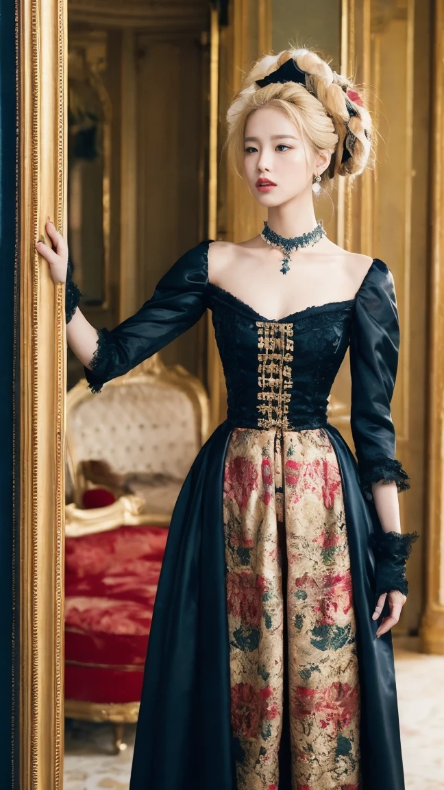 Marie Antoinette、Wear colorful, extravagant clothing、Open chest、I'm not wearing anything underneath、See-through、Full Body Shot、20th Ayaka、NiziU AYAKA、 4K、1People Women、slender、 Loose, wavy styling 、Fascinating and attractive、Including the texture of the face and skin.,Detailed eyes