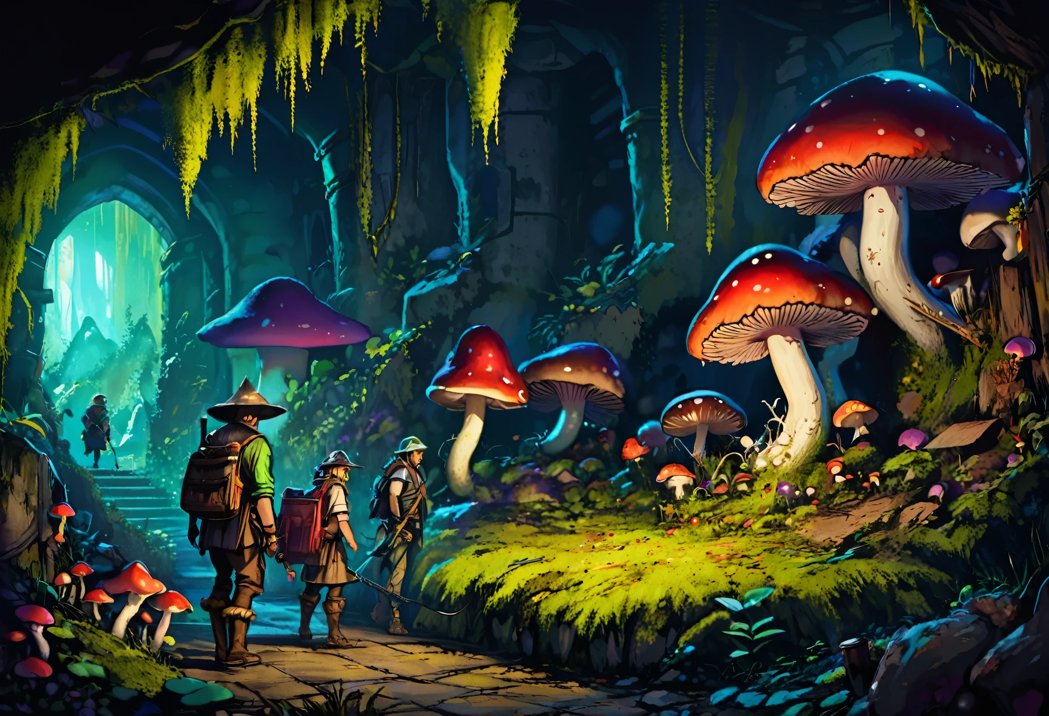 a group of fantasy adventurers exploring a dungeon, attacked by carnivorous mushrooms, assorted sizes from toothy but comically slow to bigger than a man, wild colors, some glow, hyperrealistic, highly detailed, fantasy, dark fantasy, dramatic lighting, cinematic composition, lush vegetation, mossy dungeon, ominous atmosphere, eerie glow, vibrant colors, sharp focus, 8k, photorealistic