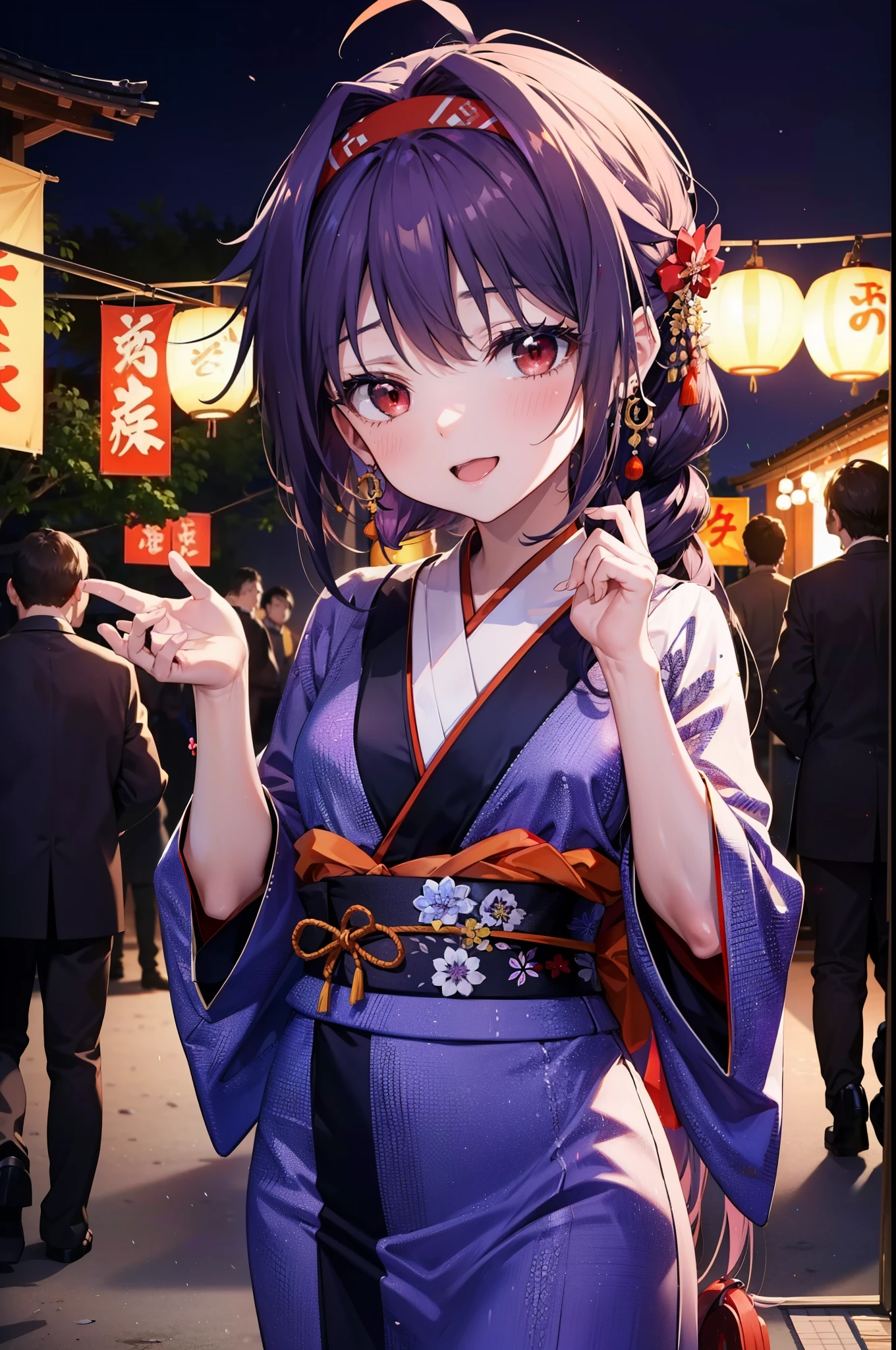 yuukikonno, Konno Yuuki, hair band, Long Hair, Pointed Ears, Purple Hair, (Red eyes:1.5), (Small breasts:1.2), Open your mouth,Open your mouth,Long Hair,happy smile, smile, Open your mouth,Purple Kimono,Long sleeve,Sandals,night空の花火,Fireworks display,Japanese Festivals,Summer festival food stalls,Red Lantern, night,whole bodyがイラストに入るように,Looking down from above,
break outdoors, shrine,                                              break looking at viewer,whole body,Upper Body,(Cowboy Shot:1. 5)
break (masterpiece:1.2), highest quality, High resolution, unity 8k wallpaper, (shape:0.8), (Beautiful and beautiful eyes:1.6), Highly detailed face, Perfect lighting, Highly detailed CG, (Perfect hands, Perfect Anatomy),