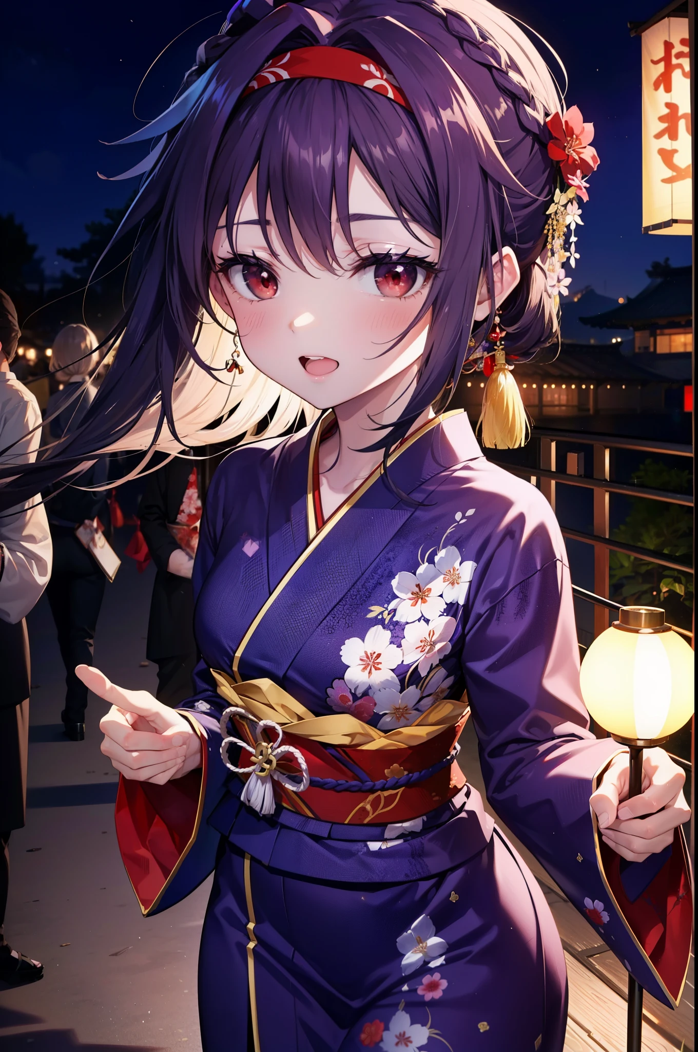 yuukikonno, Konno Yuuki, hair band, Long Hair, Pointed Ears, Purple Hair, (Red eyes:1.5), (Small breasts:1.2), Open your mouth,Open your mouth,Long Hair,happy smile, smile, Open your mouth,Purple Kimono,Long sleeve,Sandals,night空の花火,Fireworks display,Japanese Festivals,Summer festival food stalls,Red Lantern, night,whole bodyがイラストに入るように,Looking down from above,
break outdoors, shrine,                                              break looking at viewer,whole body,Upper Body,(Cowboy Shot:1. 5)
break (masterpiece:1.2), highest quality, High resolution, unity 8k wallpaper, (shape:0.8), (Beautiful and beautiful eyes:1.6), Highly detailed face, Perfect lighting, Highly detailed CG, (Perfect hands, Perfect Anatomy),