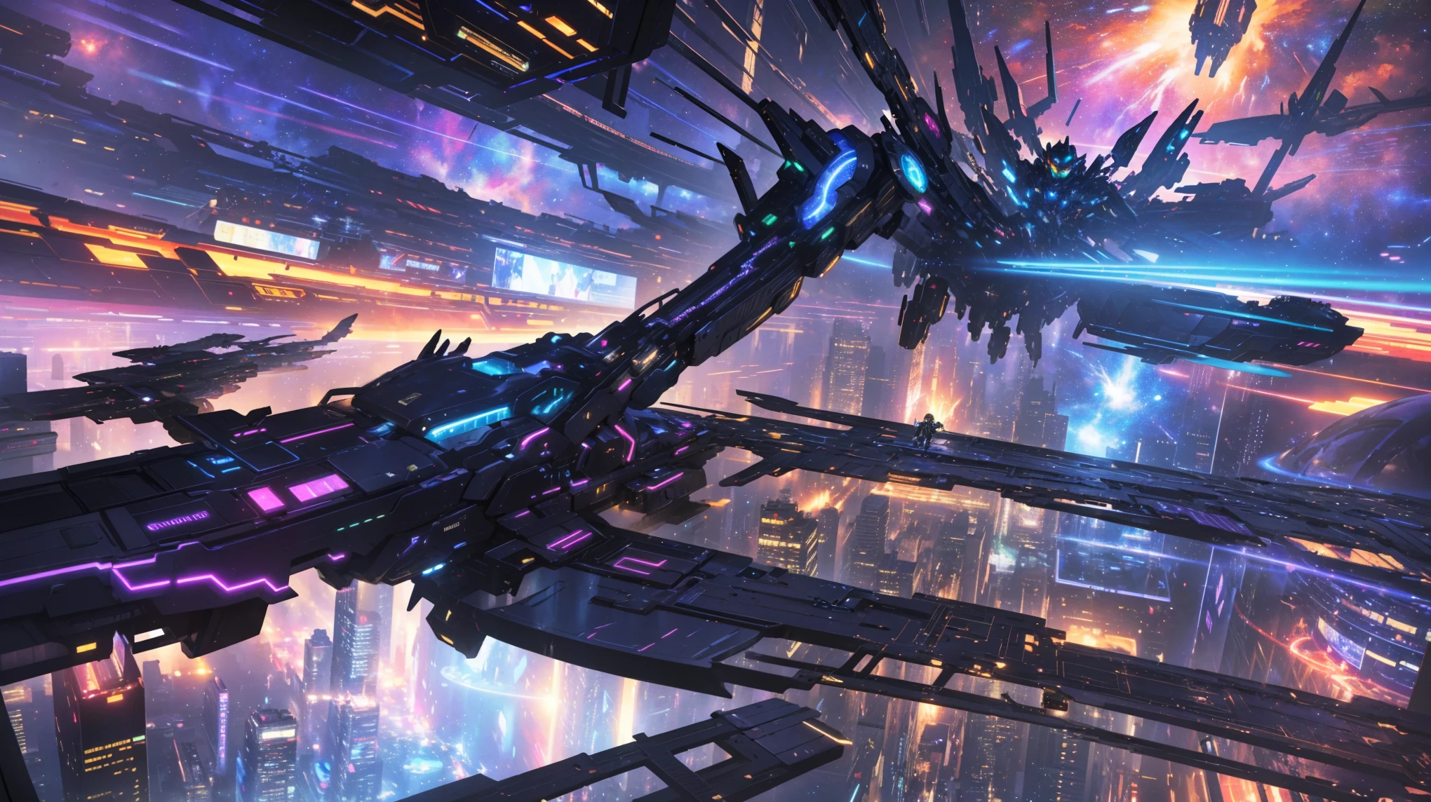 A flamboyantly robotic galactic pirate, every detail buzzing with high-tech extravagance: metallic limbs gleaming with neon lights, a cybernetic eye flashing with malevolent intent, and a sleek spaceship hovering in the background. This hyper-realistic oil painting captures the enigmatic figure in vivid detail, from the intricate circuitry adorning their armor to the dynamic energy crackling in the air around them. The high definition clarity and vibrant colors make the image practically leap off the canvas, drawing viewers into a futuristic universe of adventure and danger.