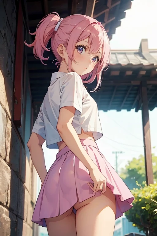 1girl,solo,cute,pink hair,white shirt,mini skirt,turn around,hip focus,low angle