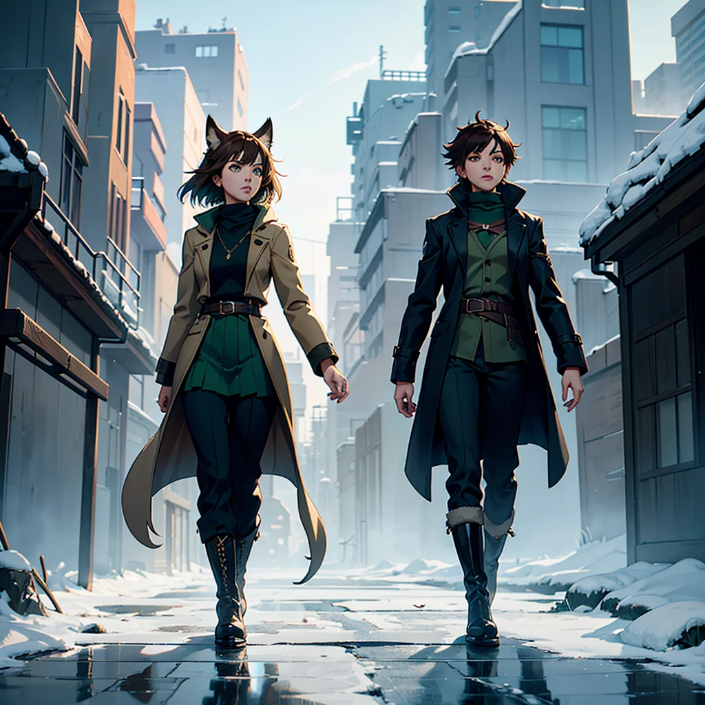 Generate a premium AI half body image of a young woman with brown hair and green eyes, adorned with fox ears and tails. She wears a black coat with green details, paired with winter trousers and boots, walking on a winter day in a small city. The scene is high-definition, with superior atmospheric effects including reflections and shadows. Ensure composition and symmetry, with subtle gradients and natural light enhancing the fantasy element. Infuse a magical, ethereal aura reminiscent of anime and manga, specifically inspired by the Makoto Shinkai style. Emphasize cool colors, creating a kawaii and immersive experience.