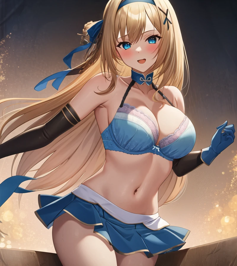 (masterpiece, best quality:1.2), 1 Girl, Solitary, blond, Blue hair band, 左边是Blue hair band, White blue bra, Black gloves, knight skirt, Gray background