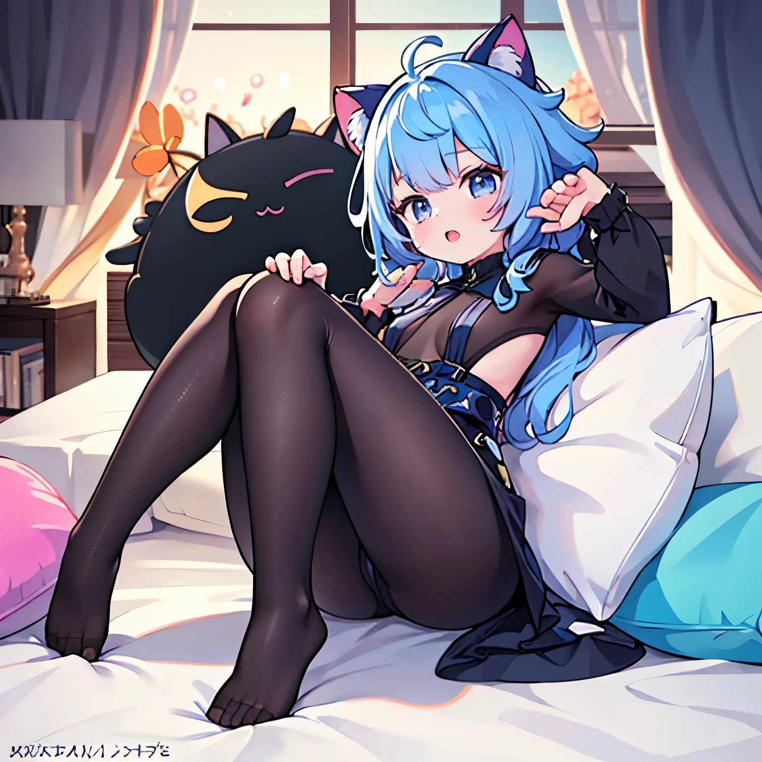 A girl, Height 150 cm, Cat ear, Catwoman，(best quality,4k,8K,high resolution,masterpiece:1.2),Very detailed,(actual,photoactual,photo-actual:1.37),HDR,super high quality,Studio Lighting,Ultra-fine,Stay focused,Physically Based Rendering,Very detailed的描述,professional,Vibrant colors,Bokeh,portrait,Anime style，charming的,Kawaii,charming的,elegant,beautiful,charming，full-body shot，JK，White，The correct number of limbs，correct number of fingers，Reasonable body proportions，Delicate face，Correct limb length，The face is rich in detail，Sitting on the bed
