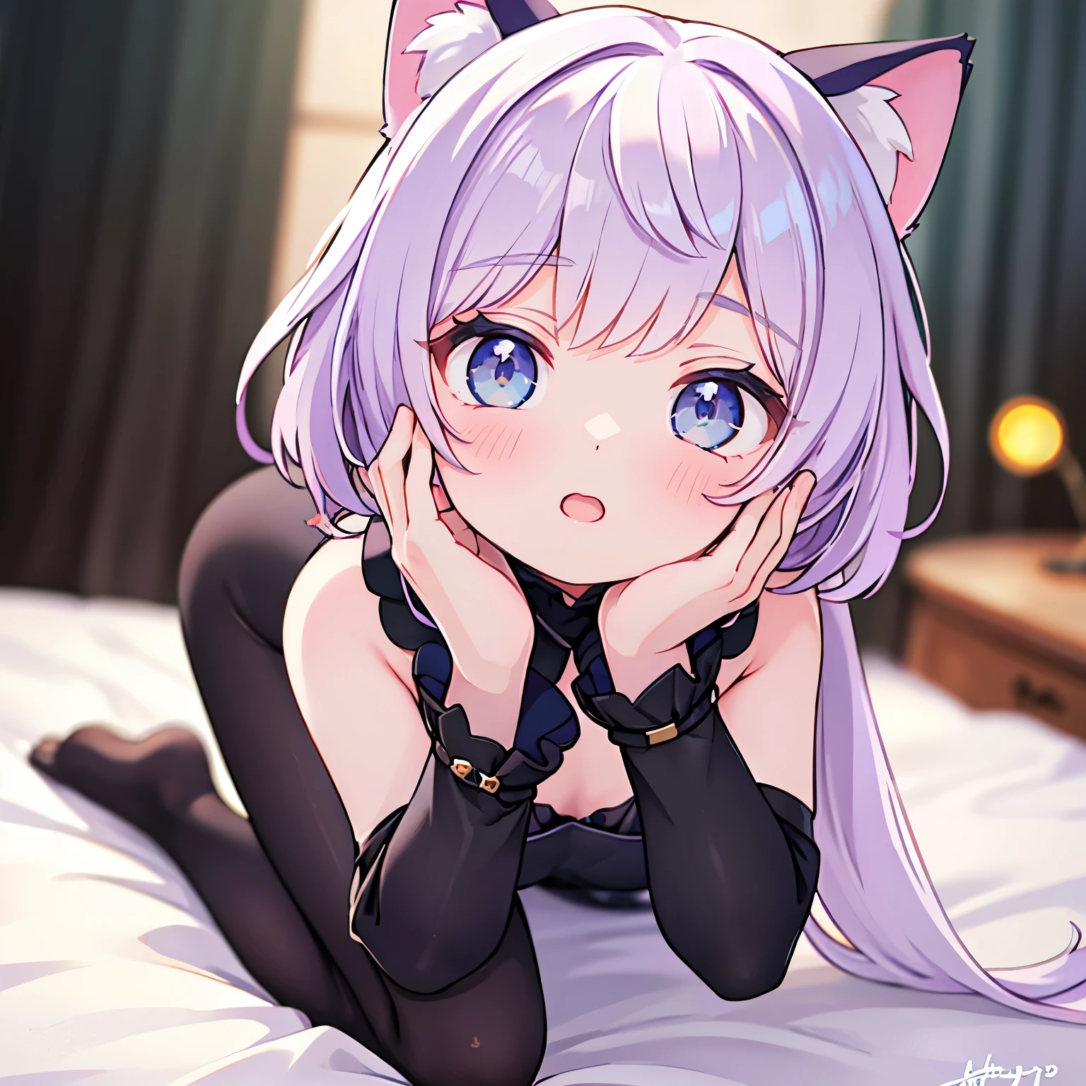 A girl, Height 150 cm, Cat ear, Catwoman，(best quality,4k,8K,high resolution,masterpiece:1.2),Very detailed,(actual,photoactual,photo-actual:1.37),HDR,super high quality,Studio Lighting,Ultra-fine,Stay focused,Physically Based Rendering,Very detailed的描述,professional,Vibrant colors,Bokeh,portrait,Anime style，charming的,Kawaii,charming的,elegant,beautiful,charming，full-body shot，JK，White，The correct number of limbs，correct number of fingers，Reasonable body proportions，Delicate face，Correct limb length，The face is rich in detail，Sitting on the bed
