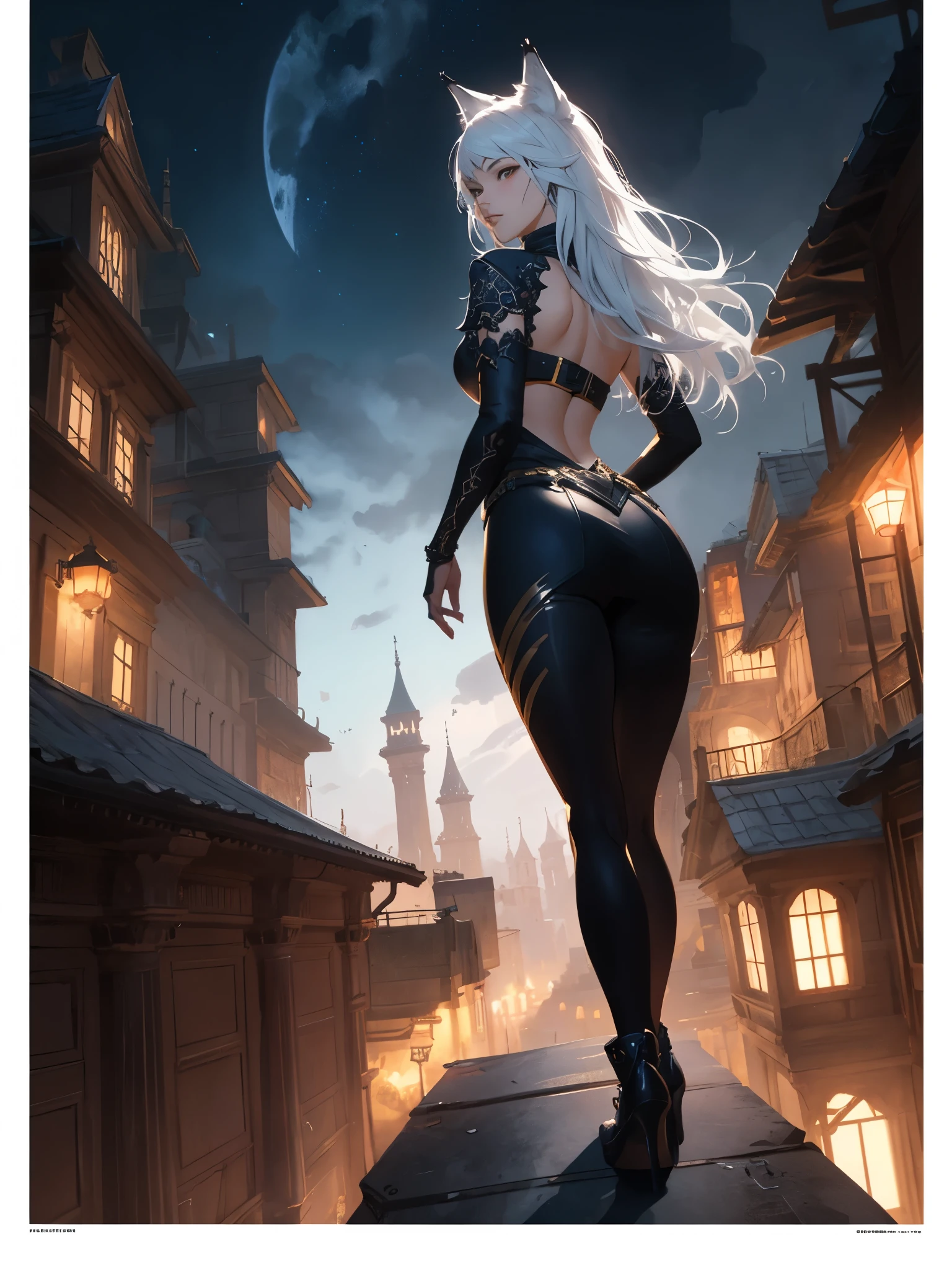  portrait of girl,wolf ears,wolf tail,sniper, in rooftop,at night,detailed fantasy art, Stunning character art, fanart best artstation, epic exquisite character art, very detailed Artgerm, Detailed Digital Anime Art, ArtGerm on ArtStation Pixiv, from behind