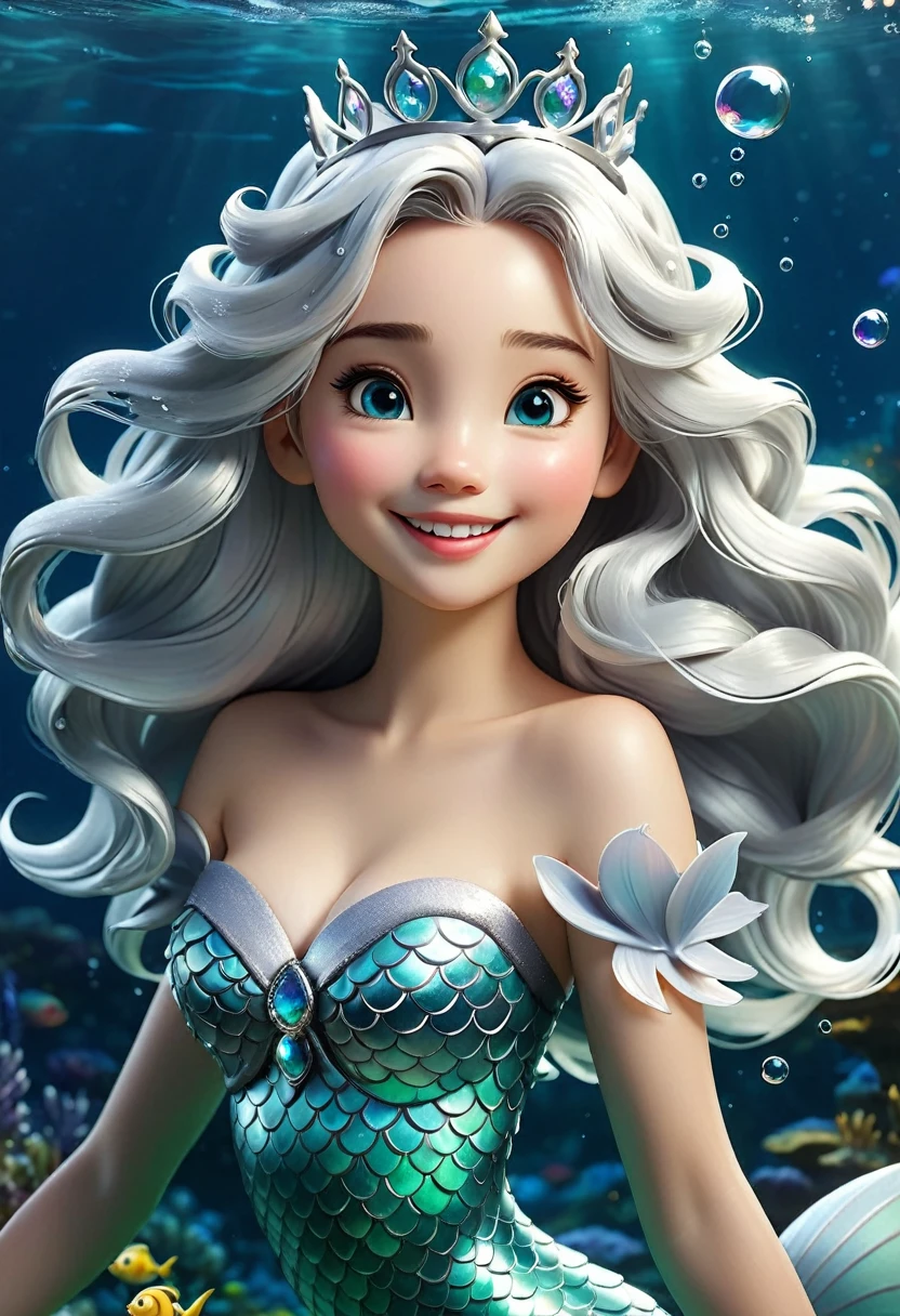      The fairy tale princess has long silver-white wavy hair(Piao Yang dynamic)The little mermaid with splashes and bubbles in the water and a silver-white fish tail wears a crown on her head. Her smile exudes innocence, happiness and ethereal fantasy.  (masterpiece),

        A very cute and beautiful little mermaid girl Q version  , Stunning art style of underwater mermaids, 美丽的动漫风格  豐富細節 masterpiece  

                        ( Perfect anatomical structure ) Beautiful and extremely fine texture，detailed, bright, High-definition and high-quality animation style presentation