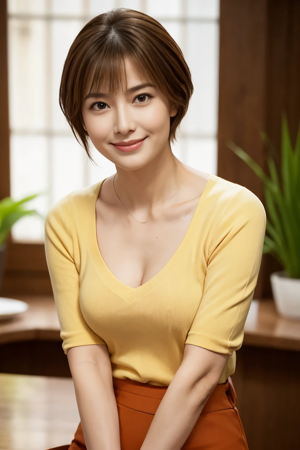 Realistic, Tabletop, highest quality, RAW Photos, Face Focus, elegant, (One Woman), 28 years old, (A light yellow V-neck knit with a loose fit around the neck), (Leaning forward), (Orange tight skirt), (Brown Hair), (bangs), (Straight hair), (short hair), (Looking up at the camera), Beautiful Face, (A fearless smile), (Shapely bust),Cleavage, Perfect Anatomy, Perfect balance, Detailed human body