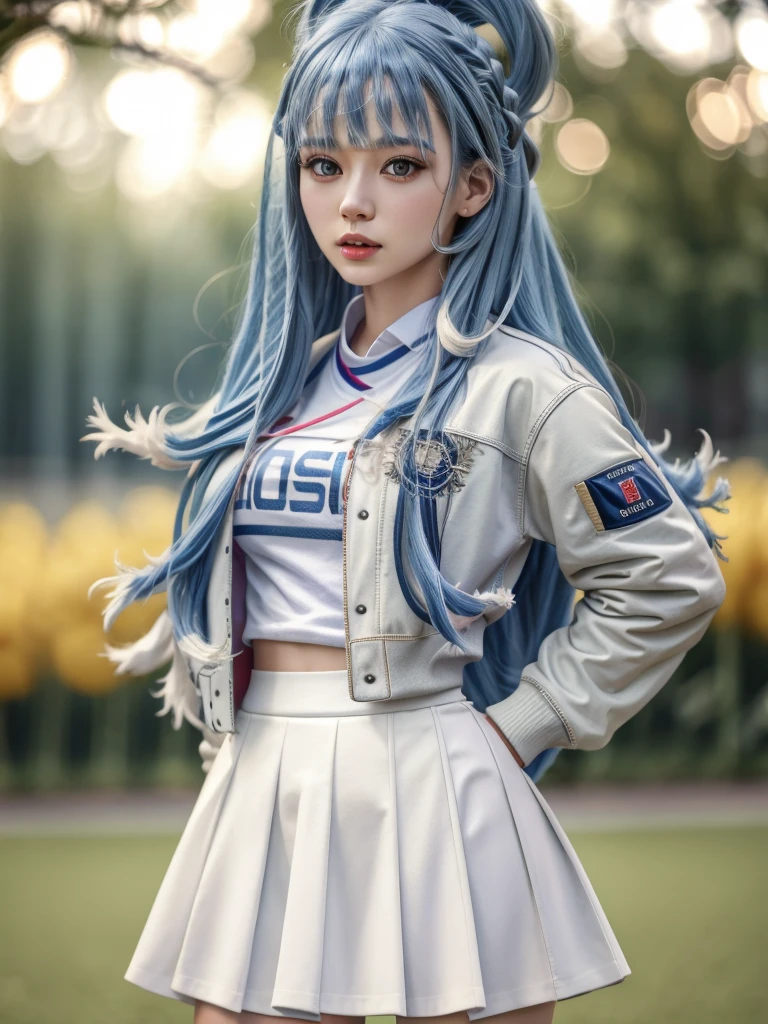 1girl, detailed face, long blue hair, white shirt, varsity jacket, skirt, hips up, raw photo, best quality, 4k, 8k, highres, masterpiece:1.2, ultra-detailed, realistic, photorealistic, photo-realistic:1.37, HDR, UHD, studio lighting, vivid colors, bokeh, portraits