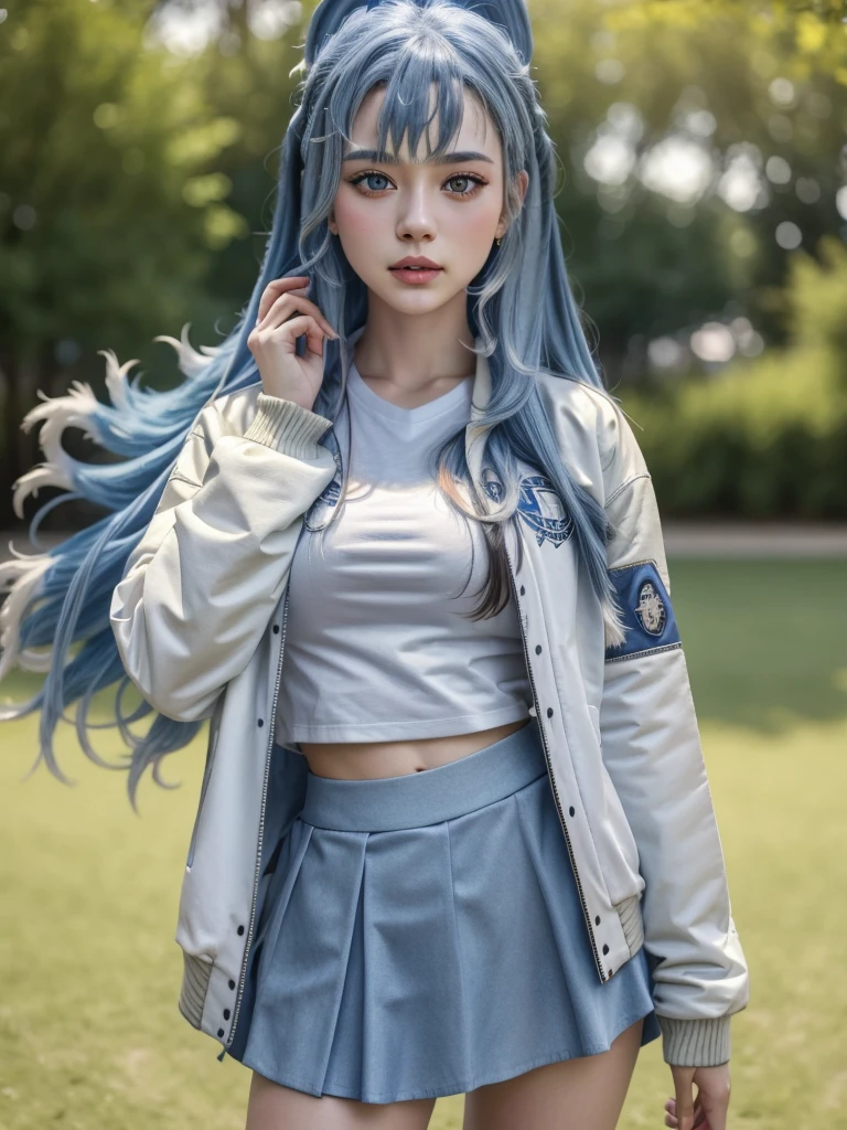 1girl, detailed face, long blue hair, white shirt, varsity jacket, skirt, hips up, raw photo, best quality, 4k, 8k, highres, masterpiece:1.2, ultra-detailed, realistic, photorealistic, photo-realistic:1.37, HDR, UHD, studio lighting, vivid colors, bokeh, portraits