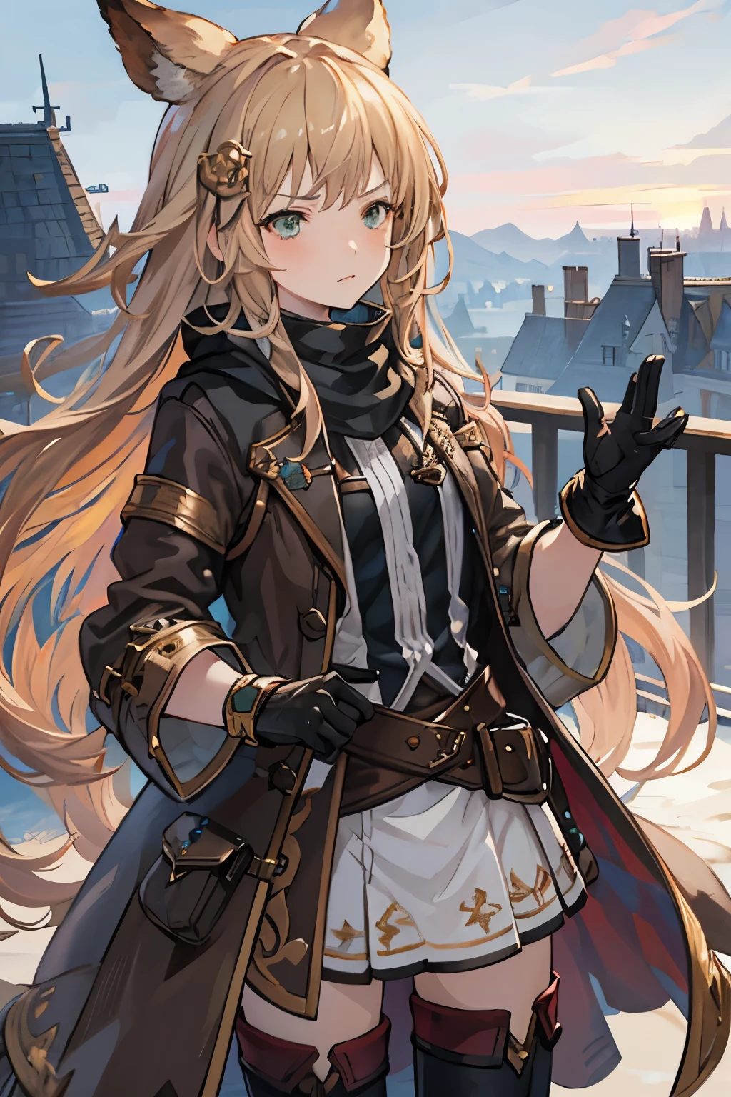 Masterpiece, best quality, 1girl, beautiful detailed eyes, finely detailed, blonde hair, lon wavy hair, green eyes, clothes: brown fur coat, use black gloves, serious face, city in the background, high fantasy style clothes, high fantasy clothes style, high fantasy style, granblue fantasy style