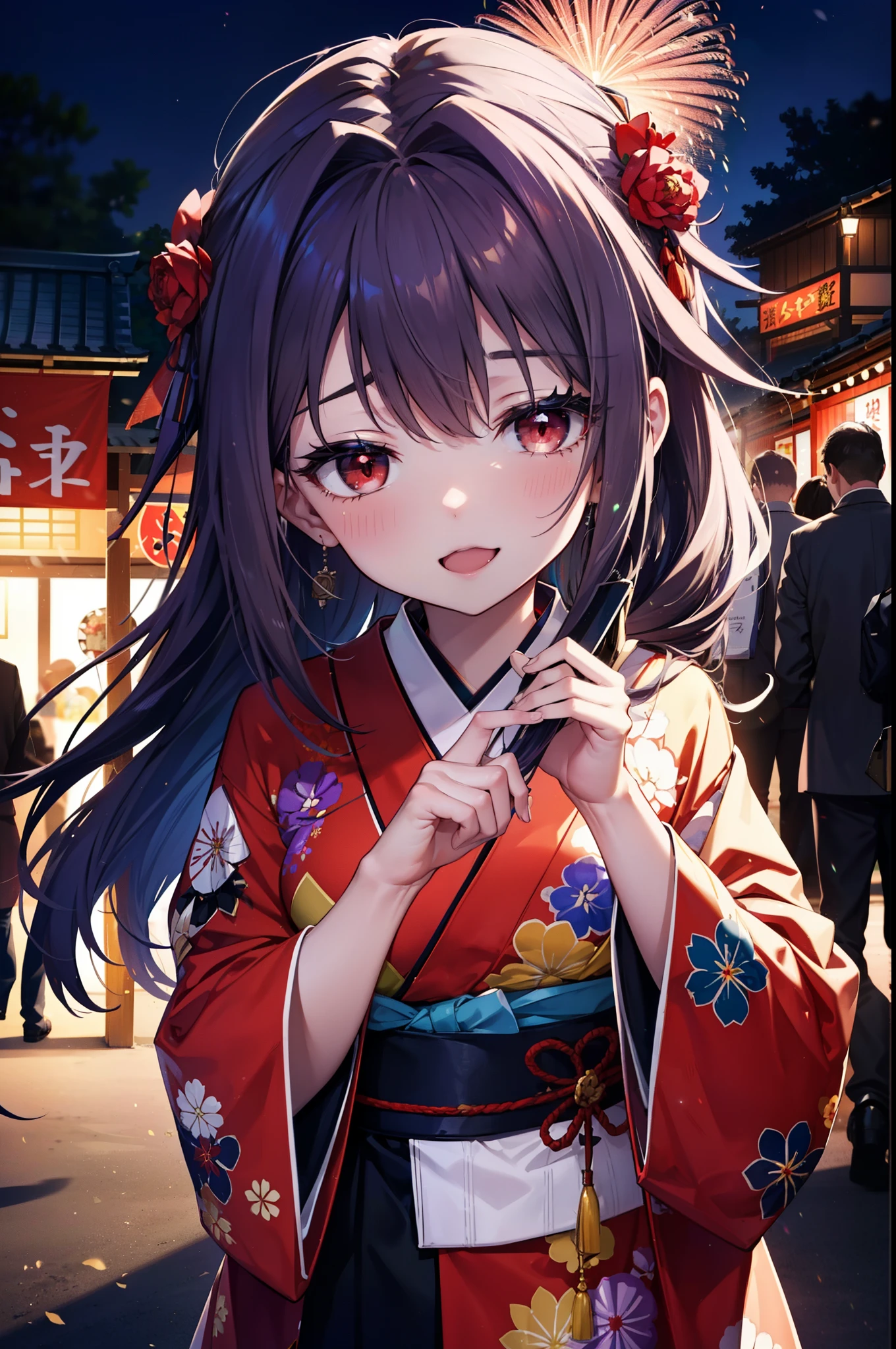 yuukikonno, Konno Yuuki, hair band, Long Hair, Pointed Ears, Purple Hair, (Red eyes:1.5), (Small breasts:1.2), Open your mouth,Open your mouth,Long Hair,happy smile, smile, Open your mouth,Purple Kimono,Long sleeve,Sandals,night空の花火,Fireworks display,Japanese Festivals,Summer festival food stalls,Red Lantern, night,whole bodyがイラストに入るように,Looking down from above,
break outdoors, shrine,                                              break looking at viewer,whole body,Upper Body,(Cowboy Shot:1. 5)
break (masterpiece:1.2), highest quality, High resolution, unity 8k wallpaper, (shape:0.8), (Beautiful and beautiful eyes:1.6), Highly detailed face, Perfect lighting, Highly detailed CG, (Perfect hands, Perfect Anatomy),