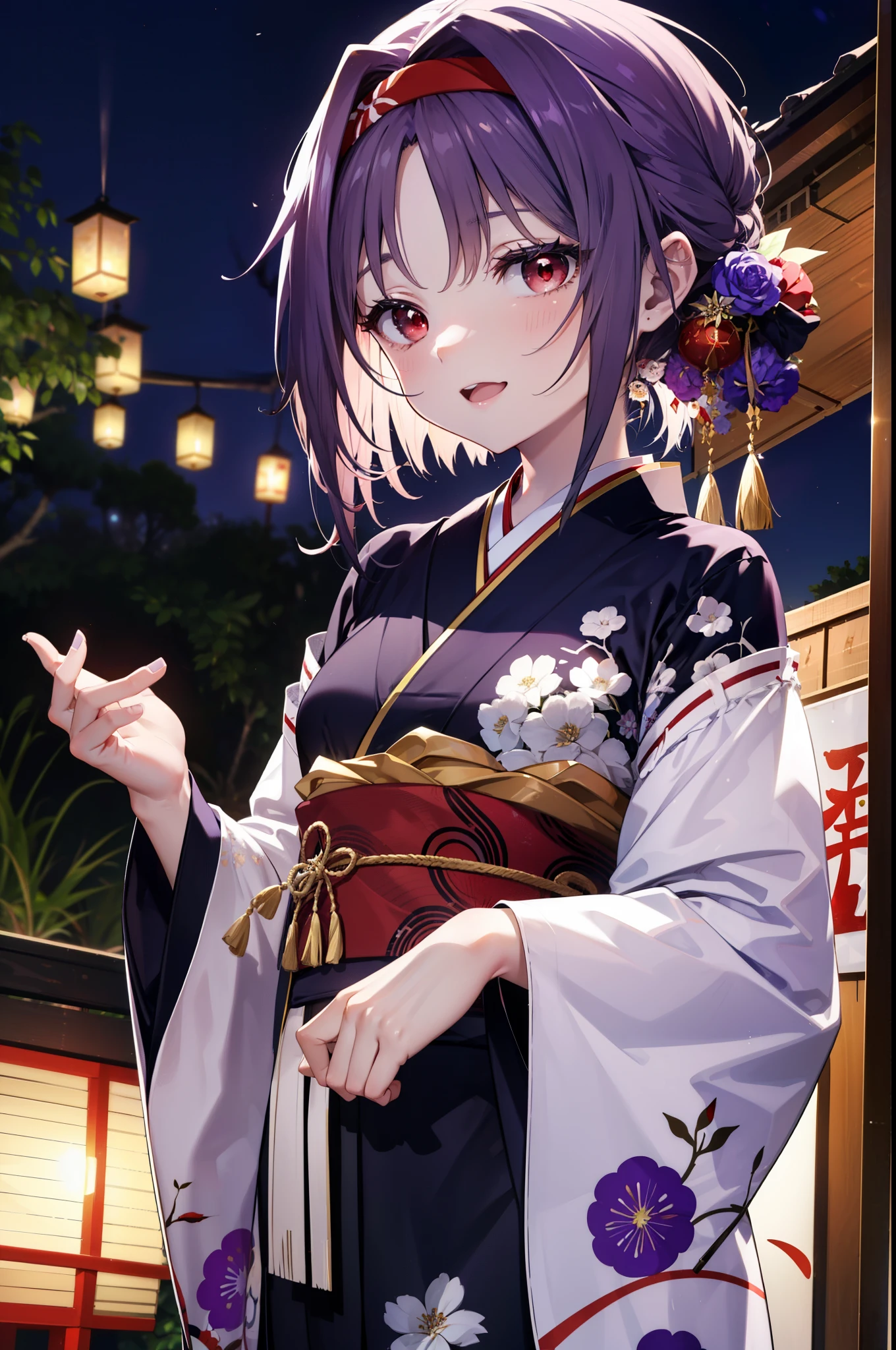 yuukikonno, Konno Yuuki, hair band, Long Hair, Pointed Ears, Purple Hair, (Red eyes:1.5), (Small breasts:1.2), Open your mouth,Open your mouth,Long Hair,happy smile, smile, Open your mouth,Purple Kimono,Long sleeve,Sandals,night空の花火,Fireworks display,Japanese Festivals,Summer festival food stalls,Red Lantern, night,whole bodyがイラストに入るように,Looking down from above,
break outdoors, shrine,                                              break looking at viewer,whole body,Upper Body,(Cowboy Shot:1. 5)
break (masterpiece:1.2), highest quality, High resolution, unity 8k wallpaper, (shape:0.8), (Beautiful and beautiful eyes:1.6), Highly detailed face, Perfect lighting, Highly detailed CG, (Perfect hands, Perfect Anatomy),