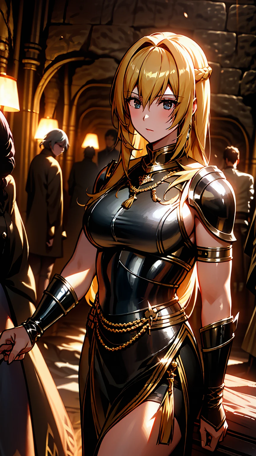 A group of female knights, (in cave), various hair styles, harem, wearing armored clothes, metal armor, night, details face, short skirt, seducing, sword, sleeveless