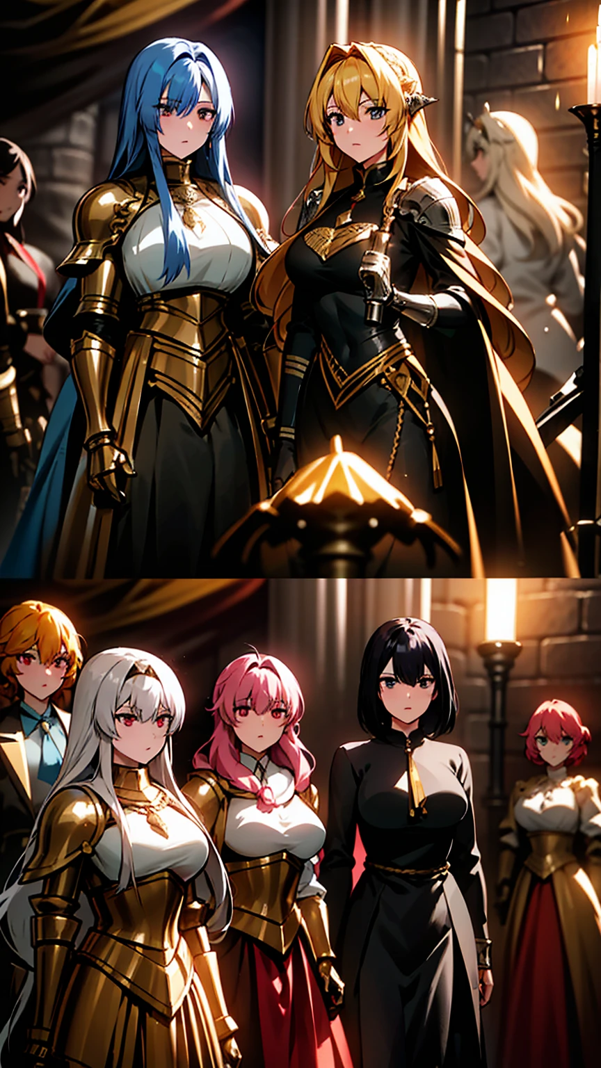 A group of female knights, (in cave), various hair styles, harem, wearing armored clothes, metal armor, night, details face, short skirt, seducing, sword, sleeveless