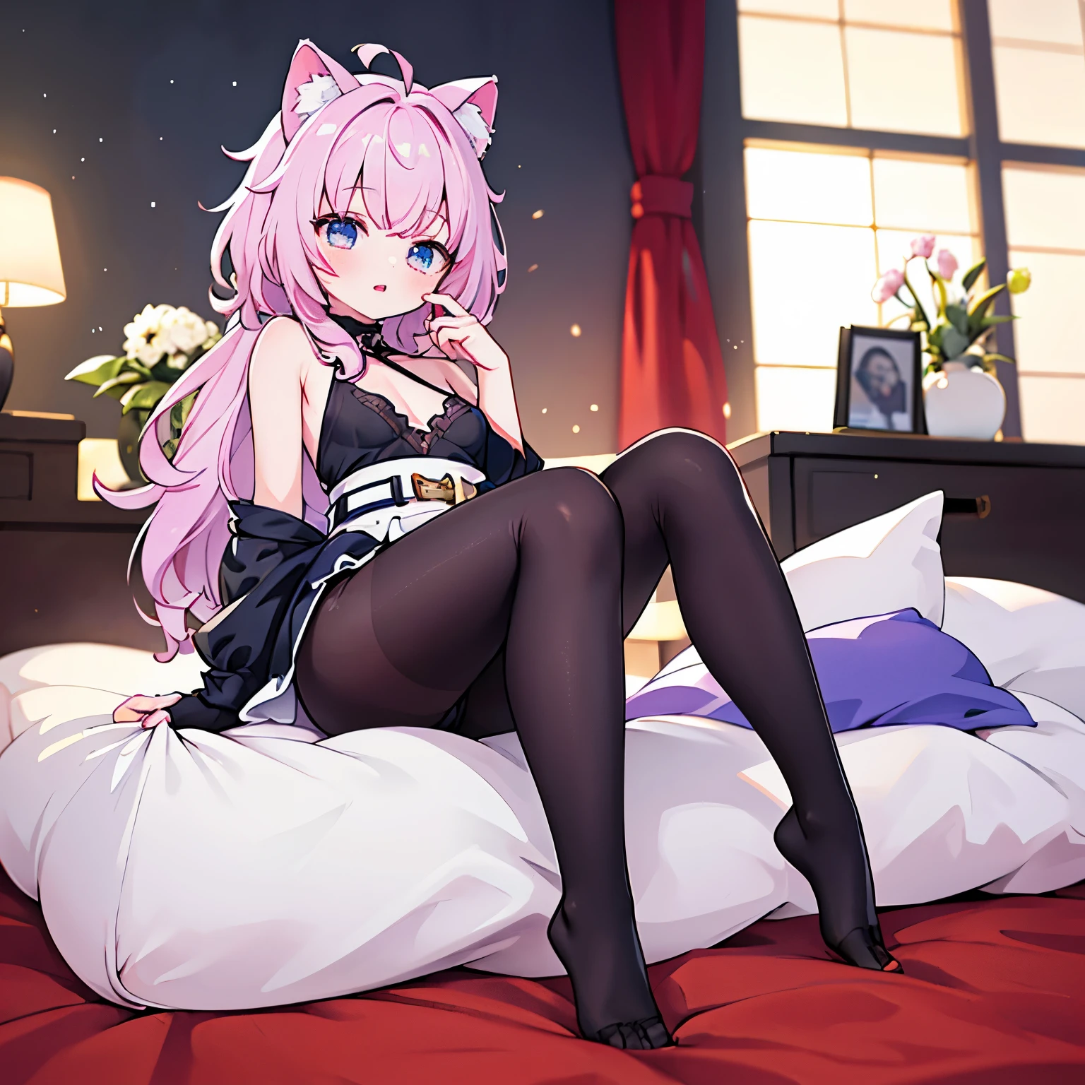 A girl, Height 150 cm, Cat ear, Catwoman,(best quality,4k,8K,high resolution,masterpiece:1.2),Very detailed,(actual,photoactual,photo-actual:1.37),HDR,super high quality,Studio Lighting,Ultra-fine,Stay focused,Physically Based Rendering,Very detailed的描述,professional,Vibrant colors,Bokeh,portrait,Anime style,charming的,Kawaii,charming的,elegant,beautiful,charming,full-body shot,JK,White,The correct number of limbs,correct number of fingers,Reasonable body proportions,Delicate face,Correct limb length,The face is rich in detail,Sitting on the bed