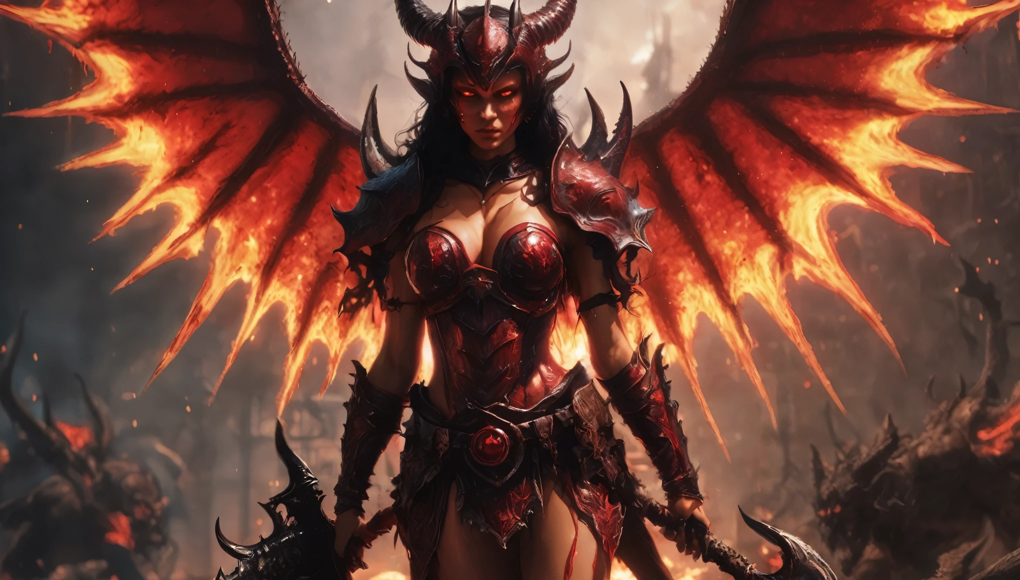 Beautiful Succubus Warrior wearing devil Armour Holding a trident infused with demon blood, glowing light eyes, detailed Demon wings, post-apocalyptic hell underworld, hell as described in bible, Realism, god rays, highres, 16k, best quality, super detail