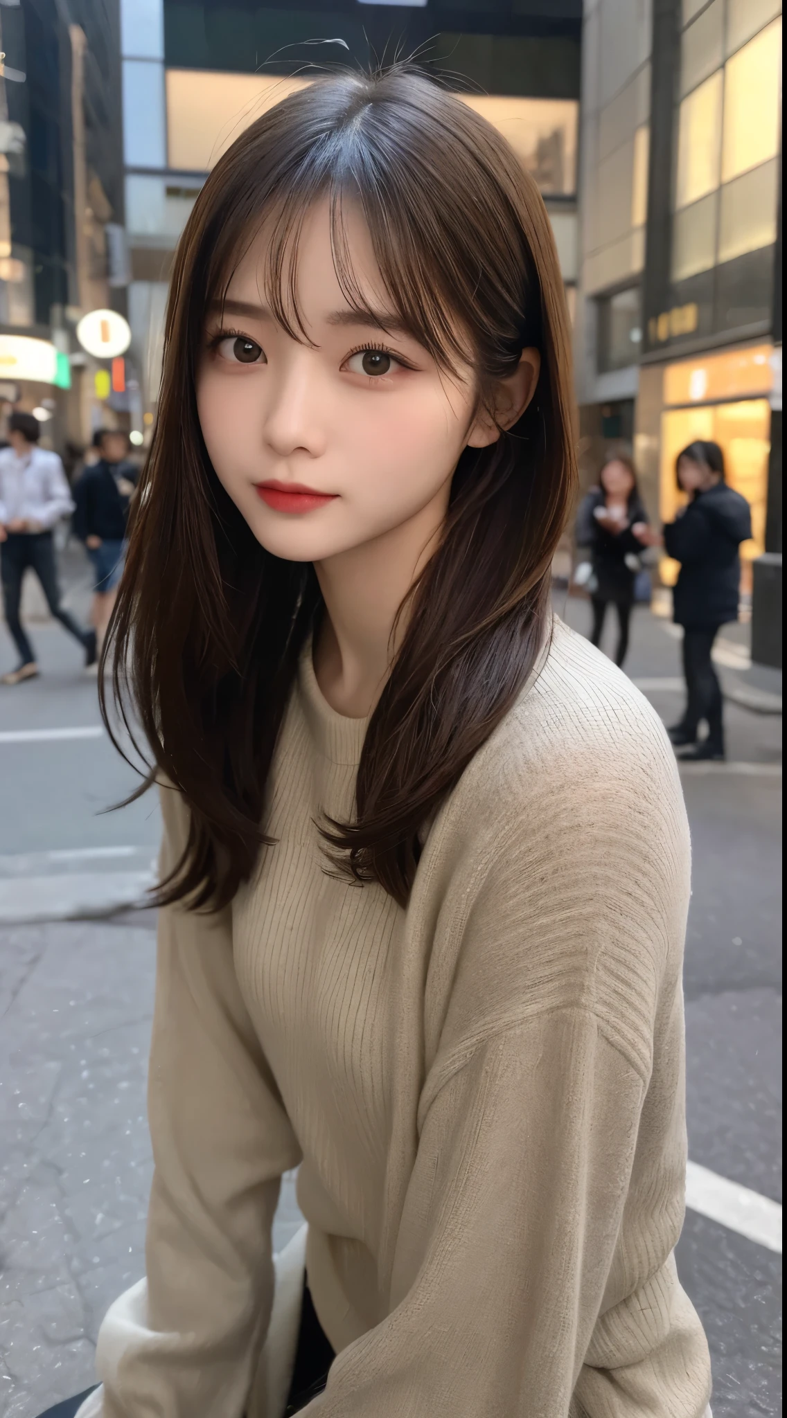 In detail, High resolution, high quality、Perfect dynamic composition, Beautiful fine details, Medium Hair, 、Natural color lip,Kamimei、Shibuya Ward、20-year-old girl、1 person、Clear Skin、Shiny Hair、Tabletop, 最high quality, figure, Super detailed, In detail, High resolution, 8k、The correct state of the human body、squat、Sculpture model pose,Photograph of hair fluttering in the wind