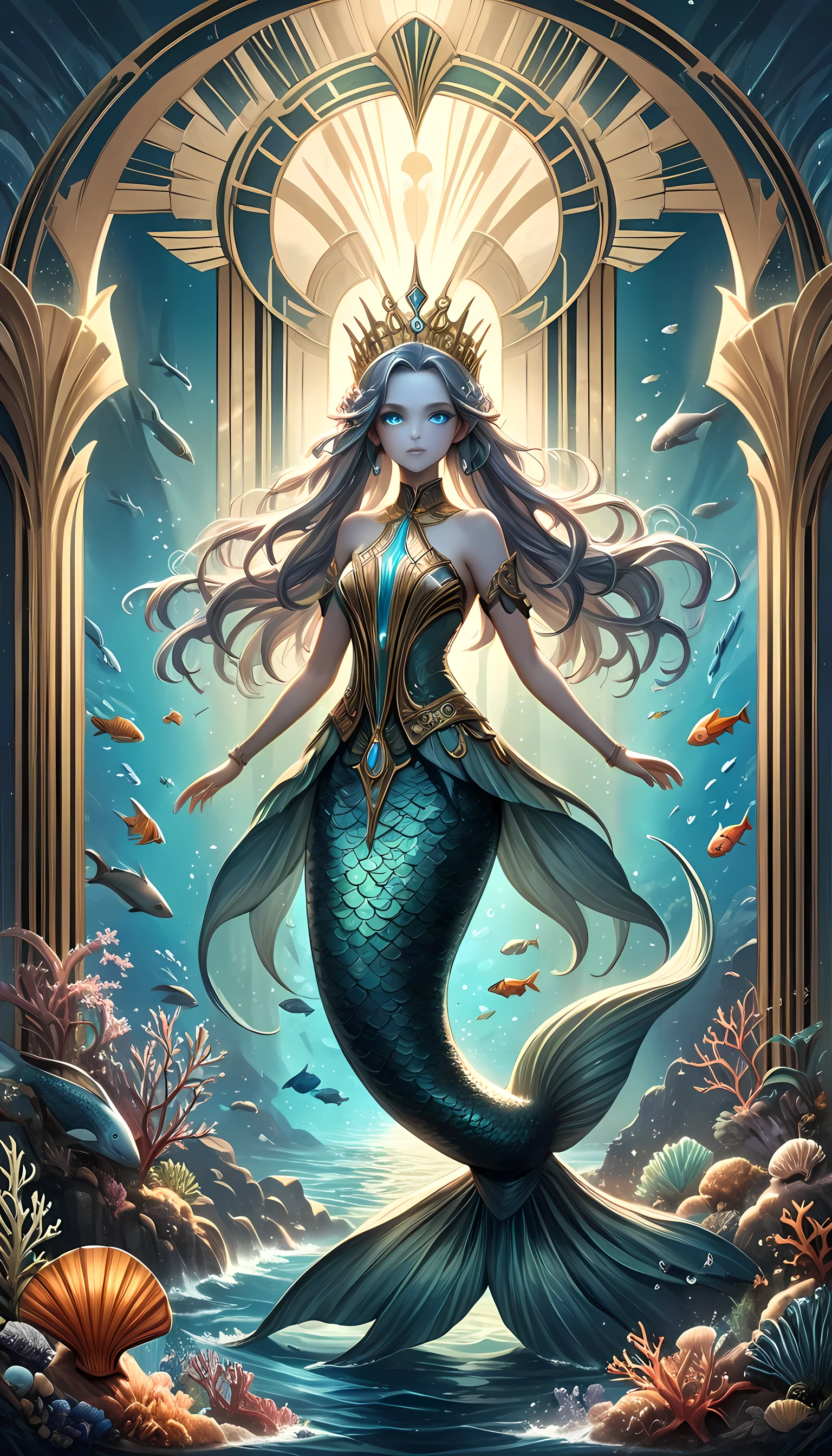 high details, best quality, 16k, ultra detailed, masterpiece, best quality, ((art deco style: 1.5)), full body, ultra wide shot, RAW, photorealistic, fantasy art, dnd art, rpg art, realistic art, an ultra wide picture of a mermaid princess in steampunk times, under the sea (intricate details, Masterpiece, best quality: 1.4) , female mermaid, (blue: 1.3) skin, (green: 1,3) hair, long hair, swirling hair, intense eyes, small pointed ears, ((blue eyes)), ((glowing eyes)), wearing sea shell clothing, she wears a crown  studded with gems(intricate details, Masterpiece, best quality: 1.4),  beautiful mermaid, you can see rich underwater life, fish, riff, dynamic fantasy blue beach background ((magical atmosphere)), high details, best quality, highres, ultra wide angle, ggmine, Dark Novel