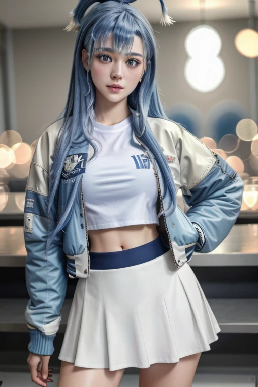 1girl, detailed face, long blue hair, white shirt, varsity jacket, skirt, hips up, raw photo, best quality, 4k, 8k, highres, masterpiece:1.2, ultra-detailed, realistic, photorealistic, photo-realistic:1.37, HDR, UHD, studio lighting, vivid colors, bokeh, portraits