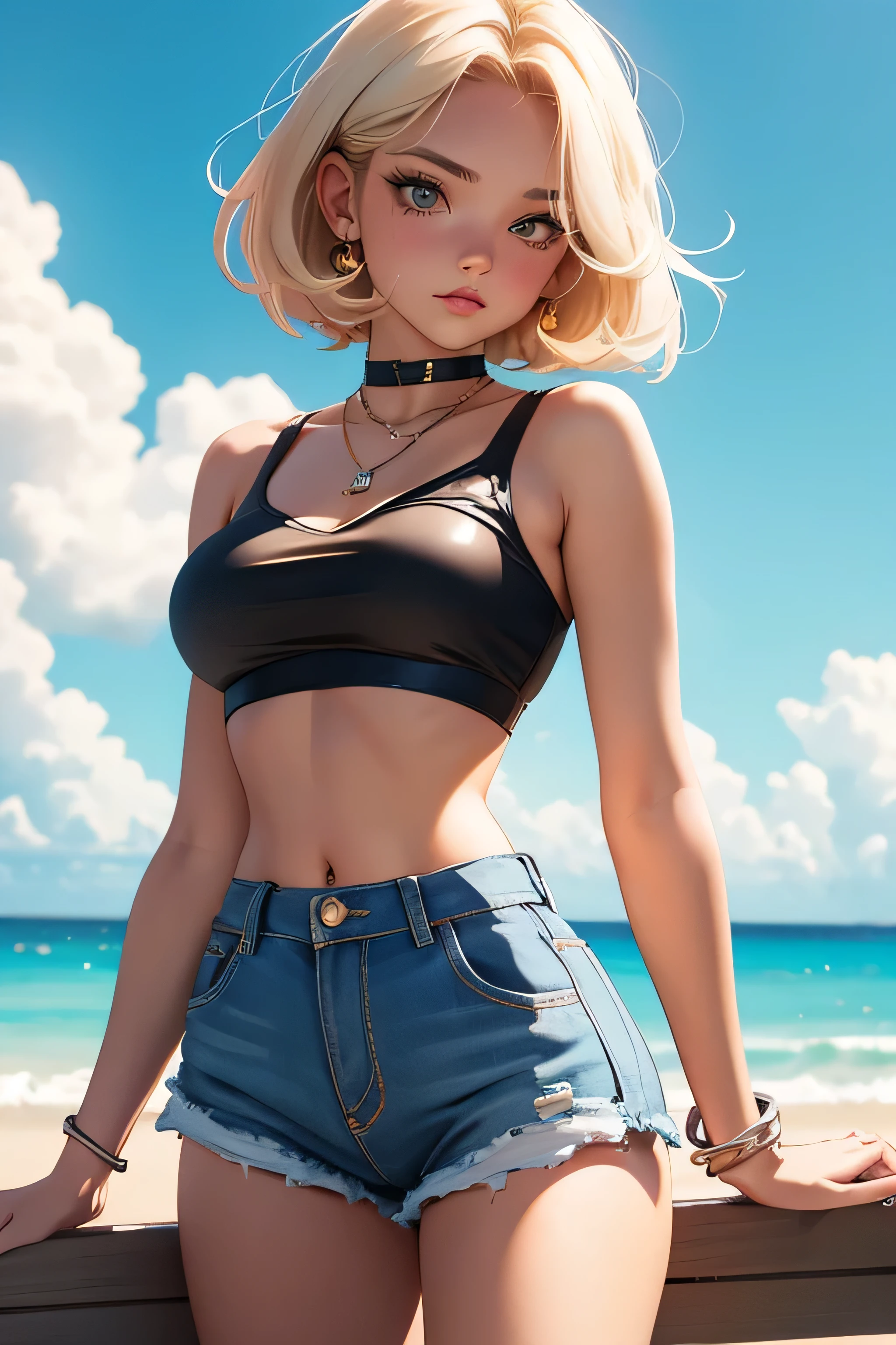 Teenage girl-model 18 years old, beautiful, blonde, bob hair, bangs, brown eyes, beautiful figure, girl wearing crop shirt and too short mini shorts, beautiful long legs, slave bracelets, slave choker, manicure, cute makeup, flirtatiously posing, hot summer, hot flirty, sexy posing, summer outfit, top quality, higest quality, pin-up style, retro 80s style, Daisy Dukes style, slave girl, Miami vibes,