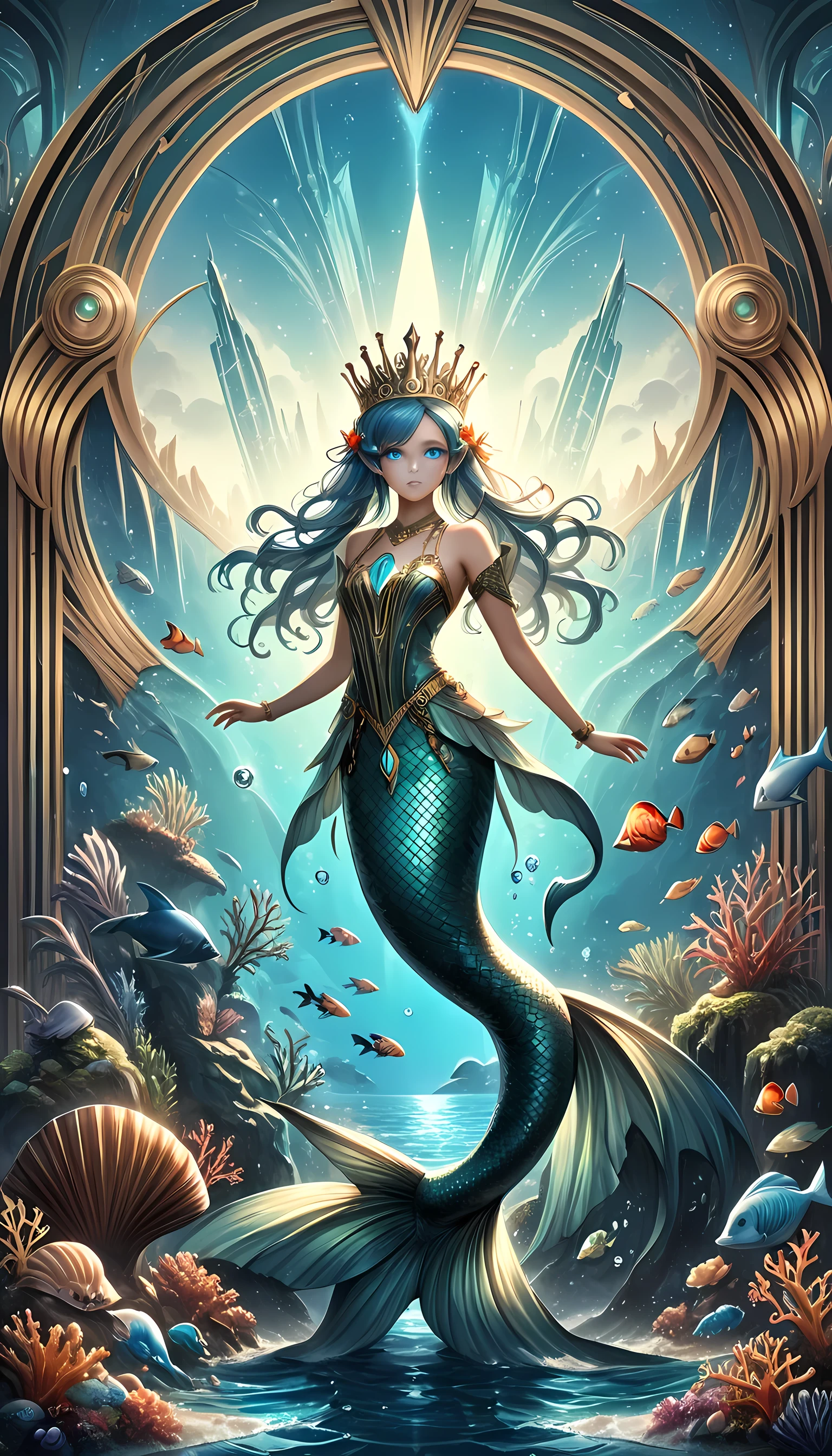 high details, best quality, 16k, ultra detailed, masterpiece, best quality, ((art deco style: 1.5)), full body, ultra wide shot, RAW, photorealistic, fantasy art, dnd art, rpg art, realistic art, an ultra wide picture of a mermaid princess in steampunk times, under the sea (intricate details, Masterpiece, best quality: 1.4) , female mermaid, (blue: 1.3) skin, (green: 1,3) hair, long hair, swirling hair, intense eyes, small pointed ears, ((blue eyes)), ((glowing eyes)), wearing sea shell clothing, she wears a crown  studded with gems(intricate details, Masterpiece, best quality: 1.4),  beautiful mermaid, you can see rich underwater life, fish, riff, dynamic fantasy blue beach background ((magical atmosphere)), high details, best quality, highres, ultra wide angle, ggmine, Dark Novel