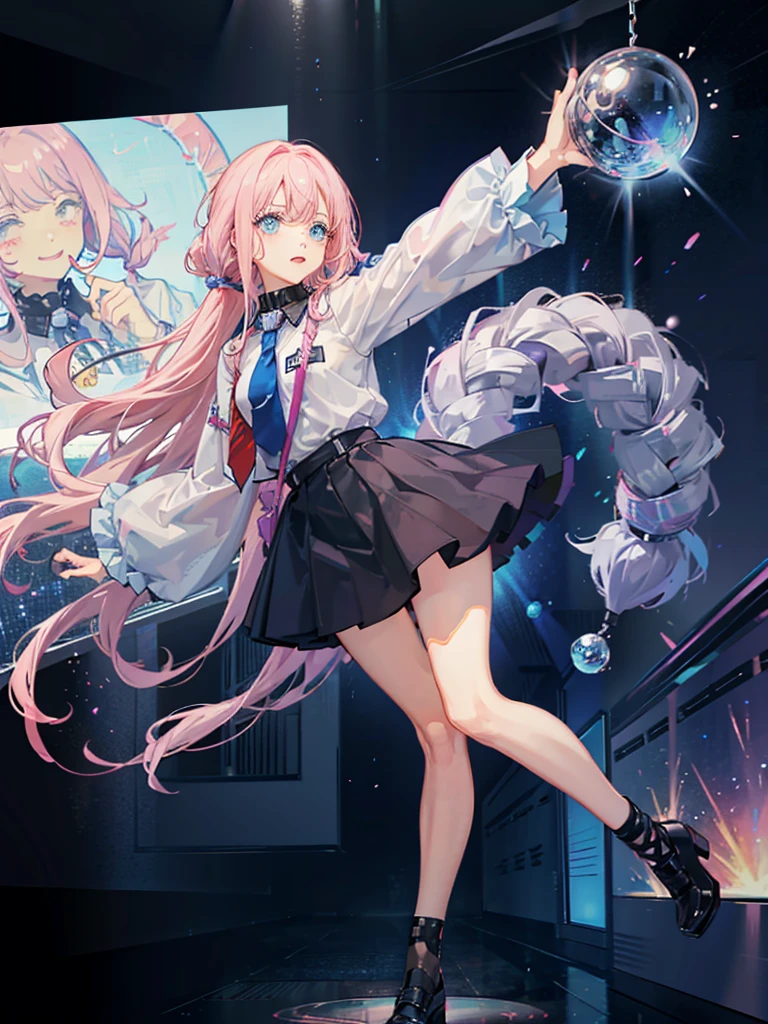 Anime Monochrome、A colorful and unique space、One Girl、Pink Hair, Braided hair, bangs, Big bright blue eyes, Energetic、Alice-style one-piece mini skirt、大きなハンマーを堕ち下ろす 当たっている場所から✨がたくさん勢いよく飛び散っている