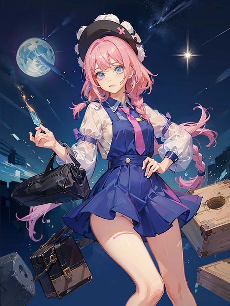 Anime Monochrome、A colorful and unique space、One Girl、Pink Hair, Braided hair, bangs, Big bright blue eyes, Energetic、Alice-style one-piece mini skirt、大きなハンマーを堕ち下ろす 当たっている場所から✨がたくさん勢いよく飛び散っている