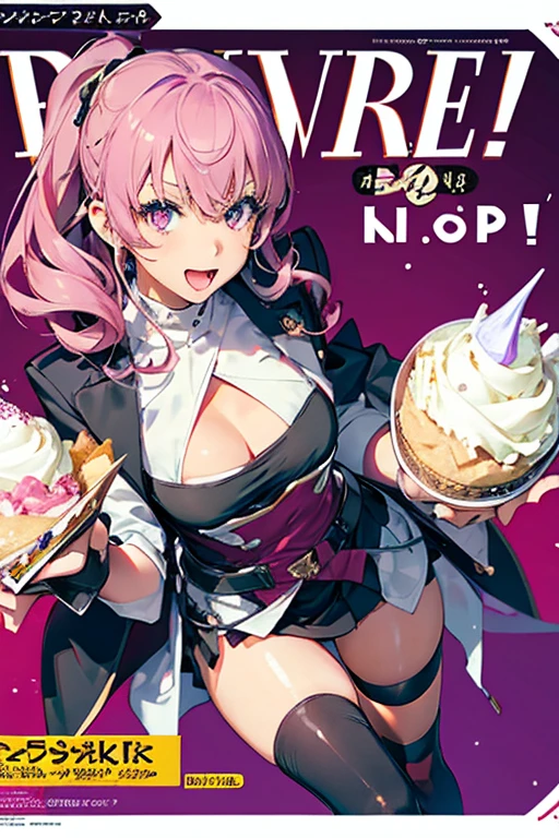 1 girl, small nose, very beautiful detailed face and eyes, bright colors, cute face, delicate beautiful face, Bright magenta eyes, cute eyes, sparkling eyes, Big eyes, (small breasts:1.3), (perky chest:1.1), (pointed chest:1.0), (icecream magazine cover:1.3),highest quality, WorKs of masters, High resolution,BlacK color hair,shiny hair, side ponytail,hair between eyes,bangs, (black jacket, real clothes, cleavage, black skirts, black thighhighs, thigh strap, fingerless gloves, single glove:1.2) , spread legs, panties shot, medium hips, glamorous body, white skin, smile, thin pubric hair, super beautiful face, Super beautiful eyes, Super beautiful hair,trendy outfit,sexy and attractive,full body esbian, Real World, Natural light,perfect Natural light,(with sparkling eyes and a contagious smile), This masterpiece is not only visually stunning but also tells, make of cake cooking , in the kitchen, open mouth, looking at viewer,