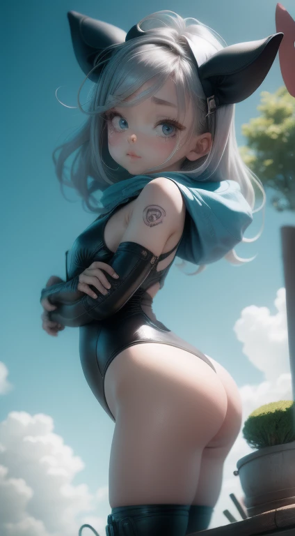girl、、Bink、leotard、whole body。blue eyes、Gray Hair、functional、Seductive pose、front、Look back diagonally、noon、Outdoor、garden、Beach、play。