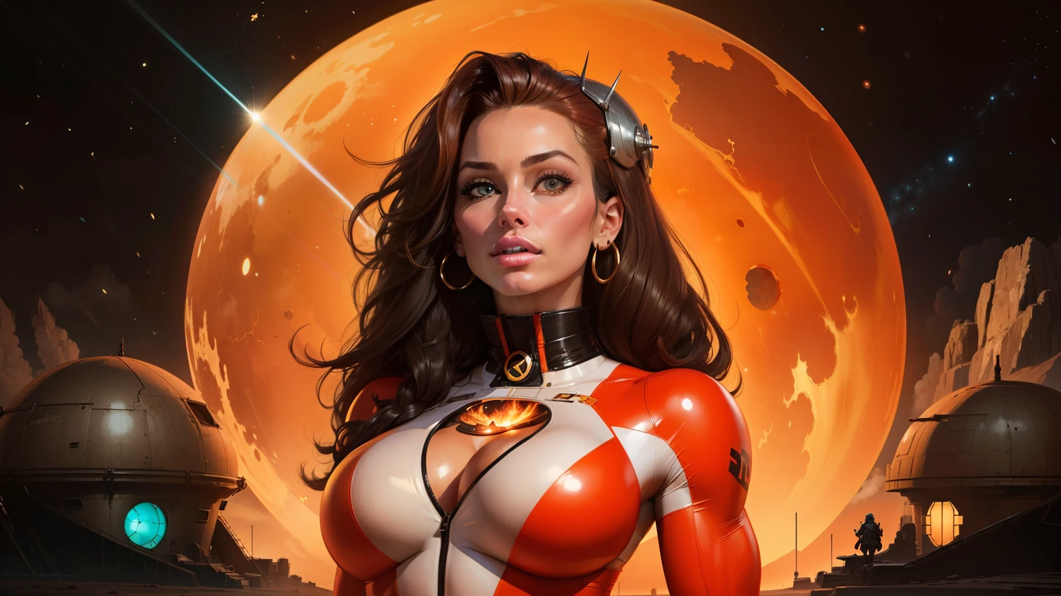 arafed image of a woman with a large body in a space setting, heavy metal comic cover art, jodorowky's dune movie, orange skin and long fiery hair, large bust, 'the red citadel, sunburst behind woman, 7 0 s palette, laserpunk